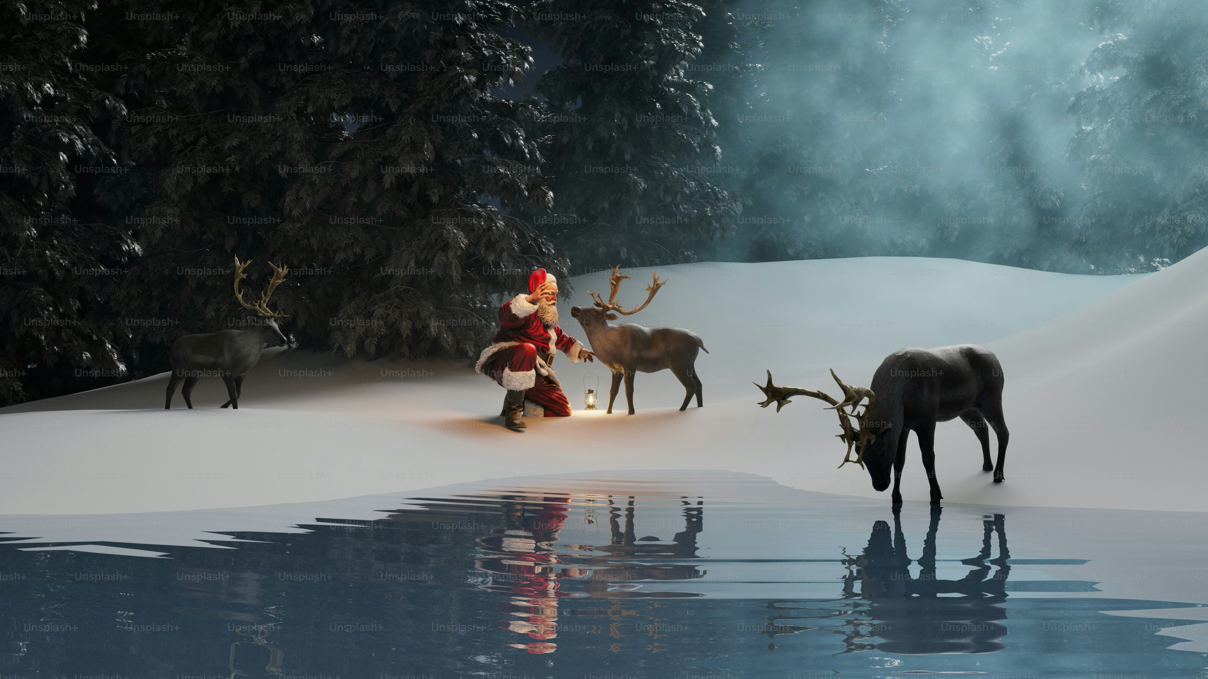 Santa claus with reindeer by a frozen lake photo – Forest Image on Unsplash