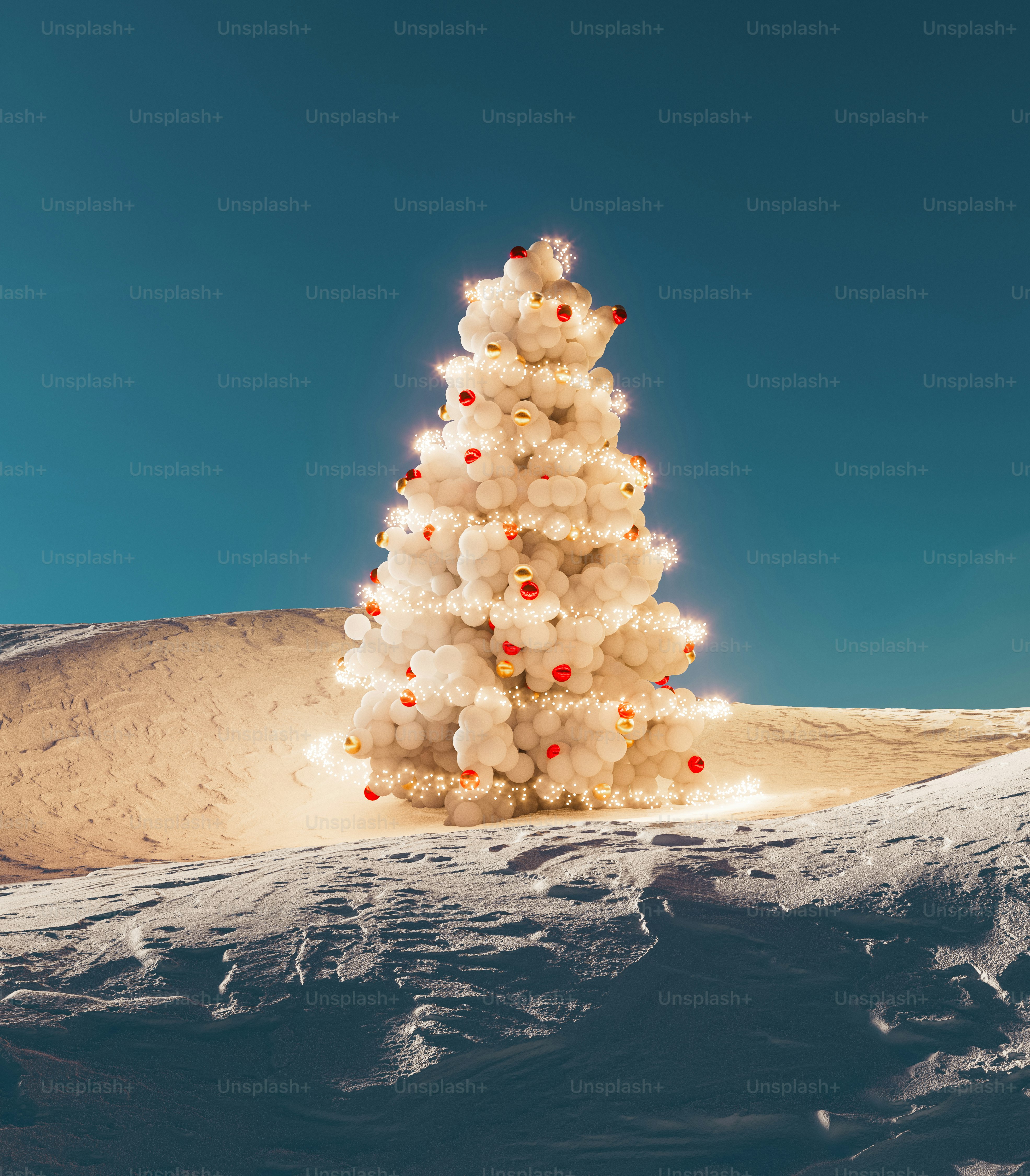 Ein weißer Weihnachtsbaum, geschmückt mit Lichtern und Ornamenten