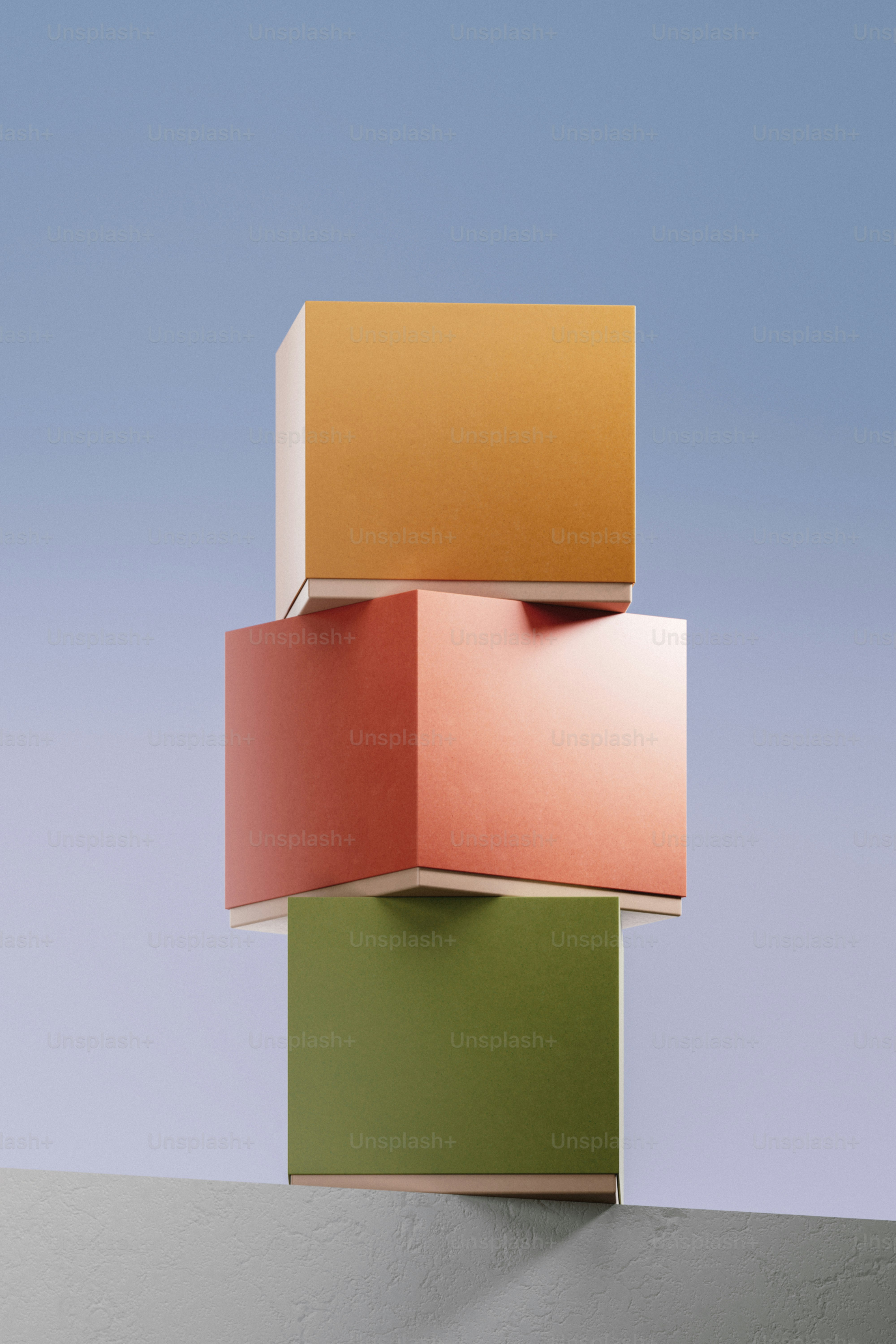 Three stacked colorful boxes against a blue sky photo – Abstract Image ...