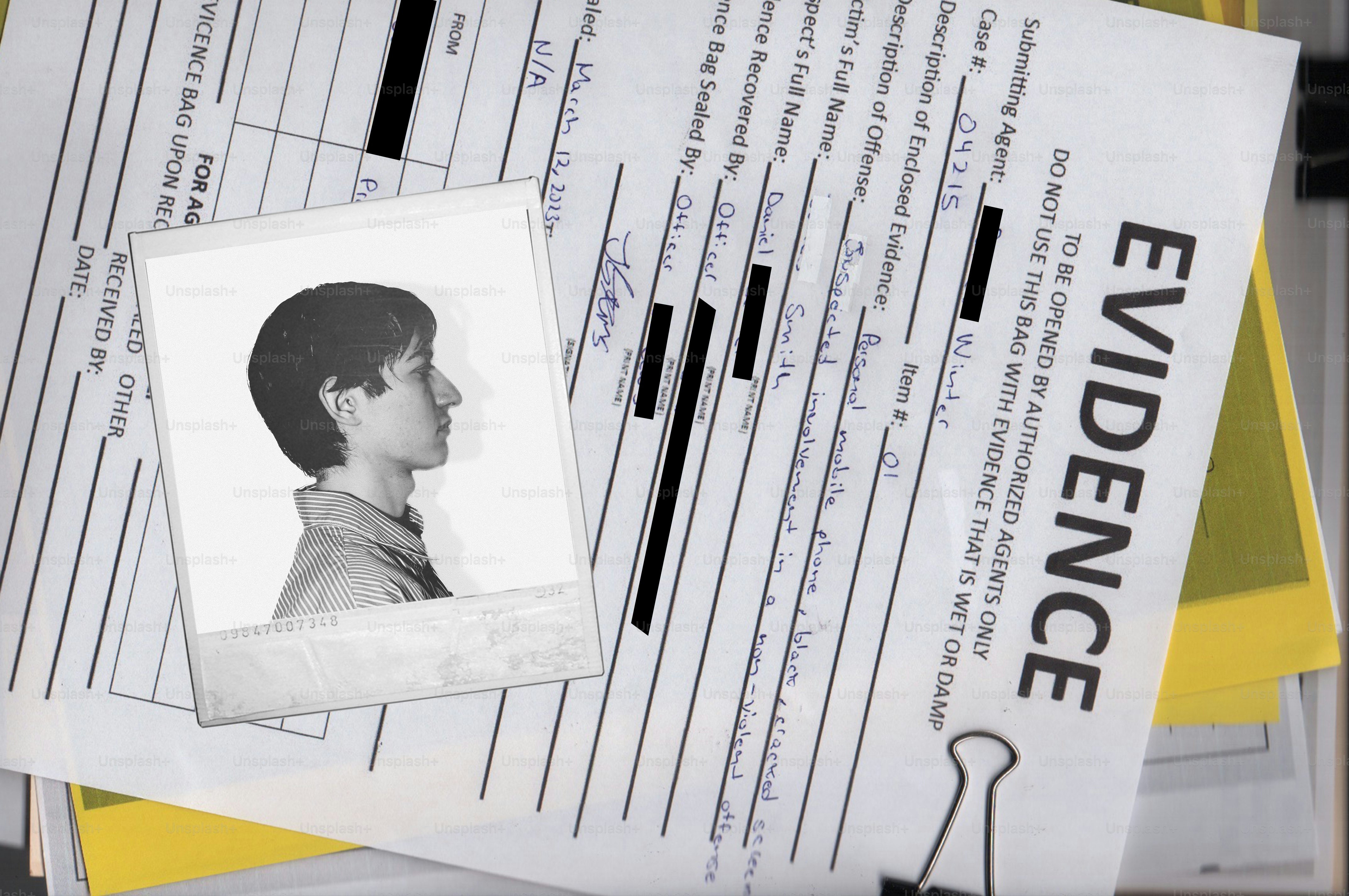 Mugshot and evidence form on desk