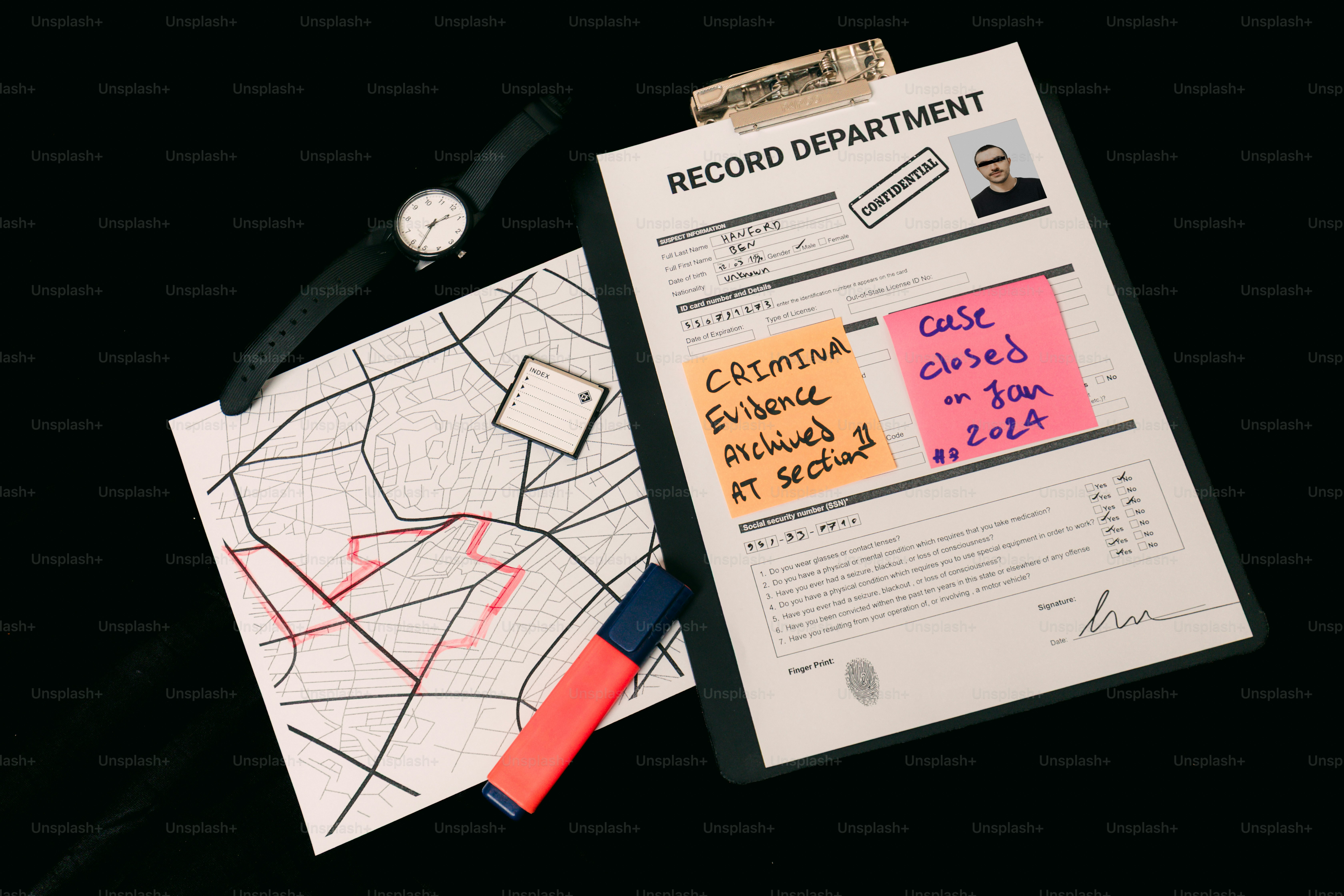 Crime scene investigation documents and map