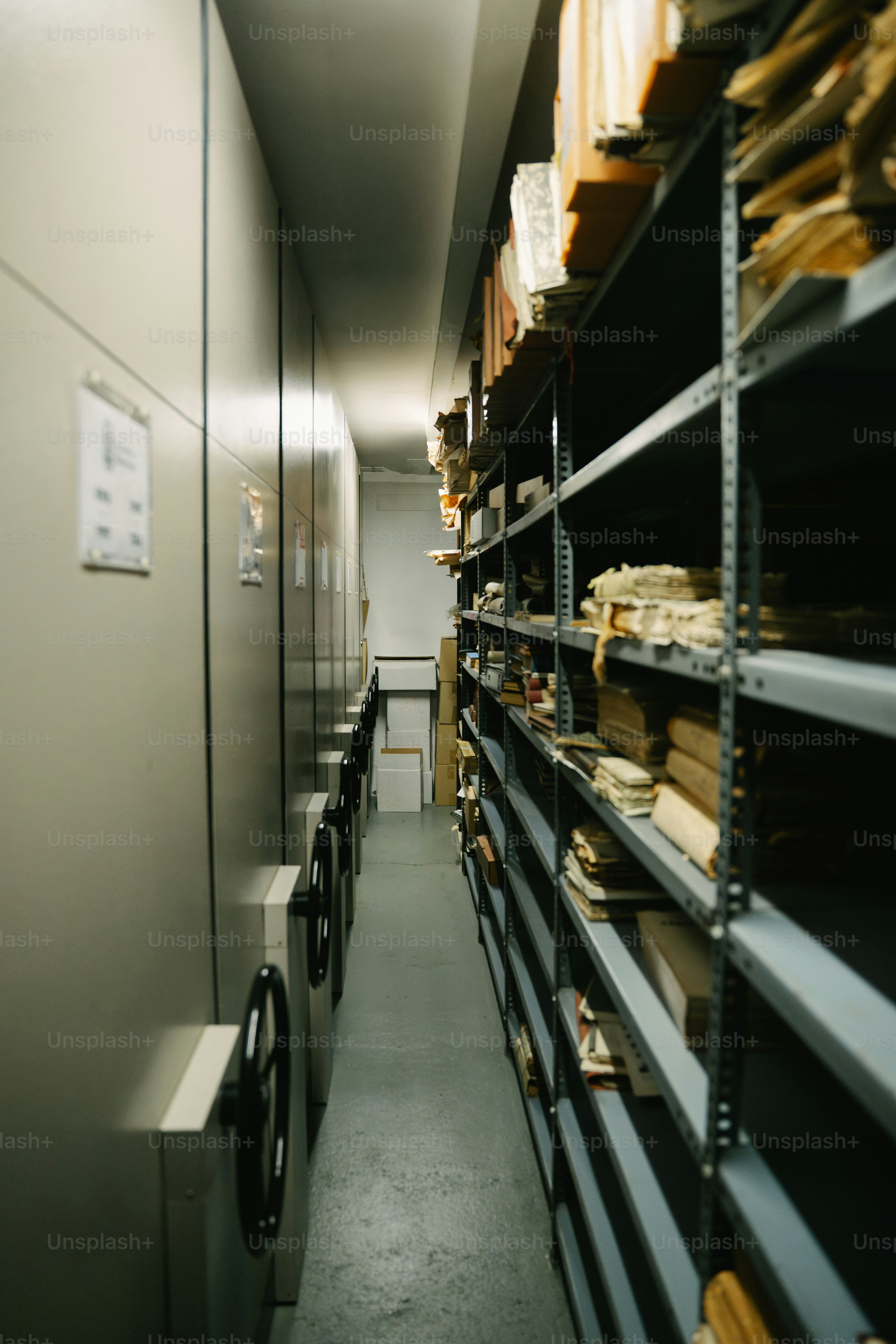Rows of shelving units filled with files and documents.
