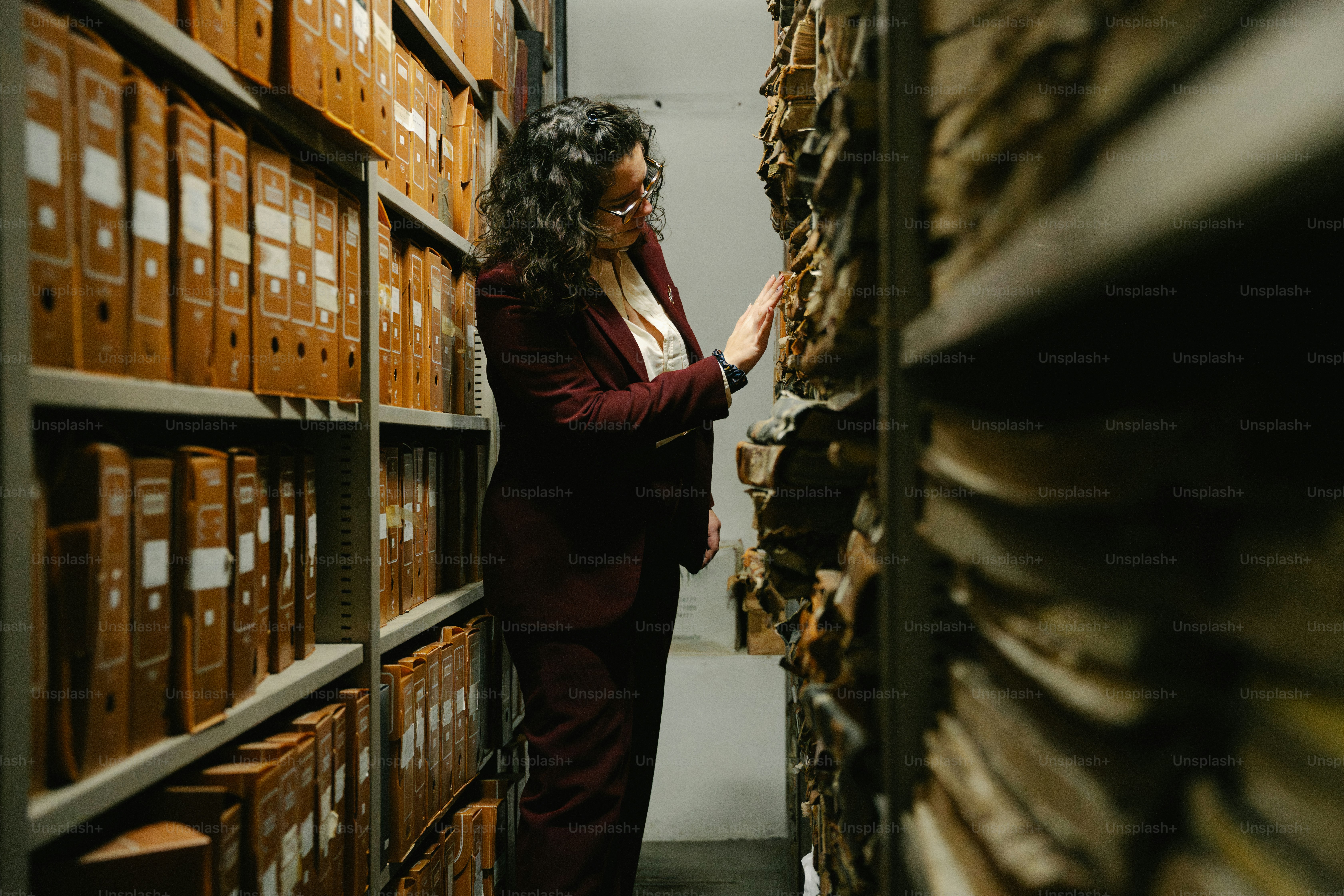 Woman examining old files in archive storage photo – Library Image on ...