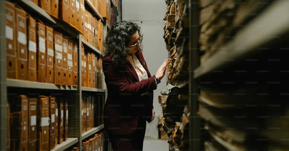 Woman examining old files in archive storage photo – Library Image on ...