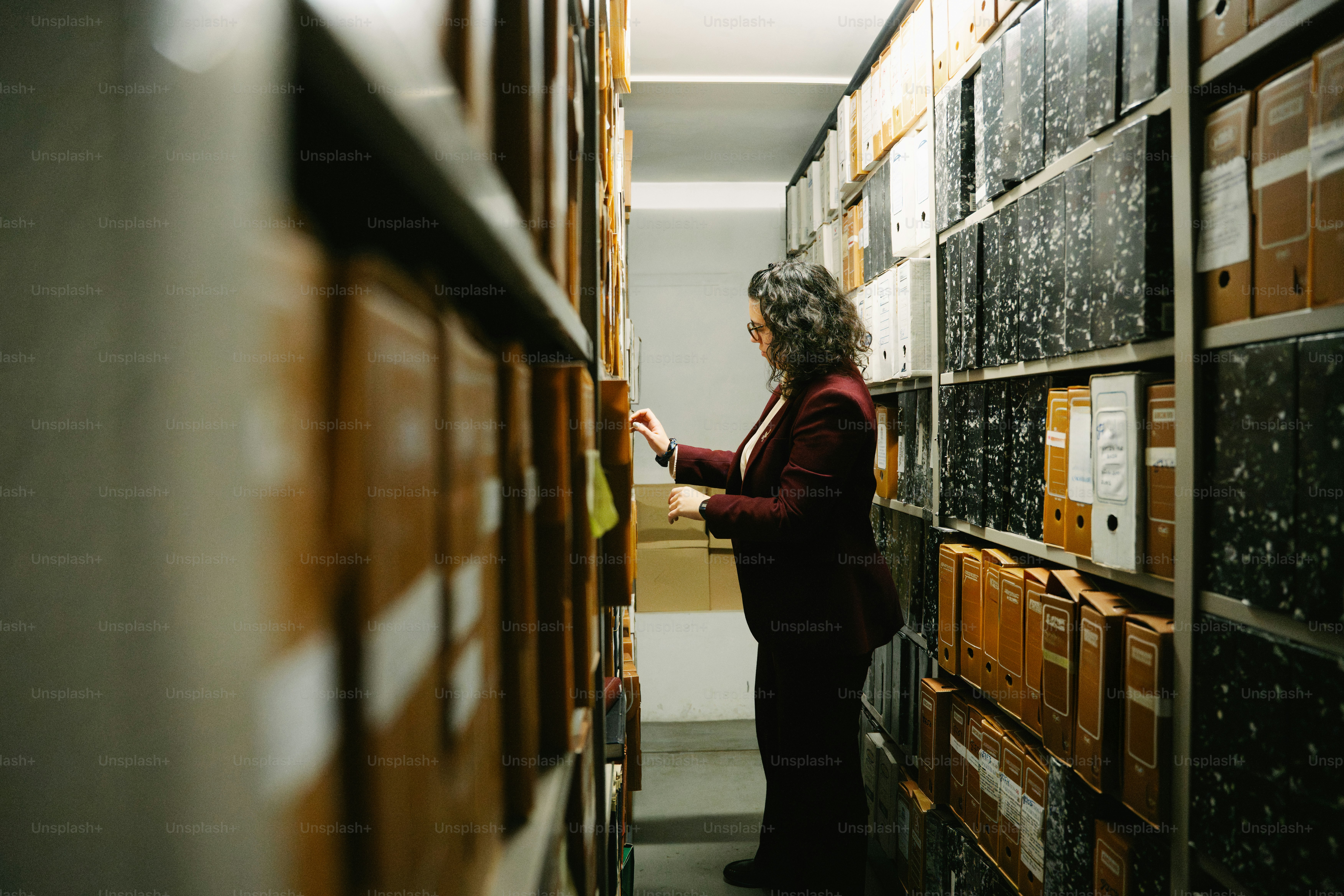 Woman searching through files in a large archive