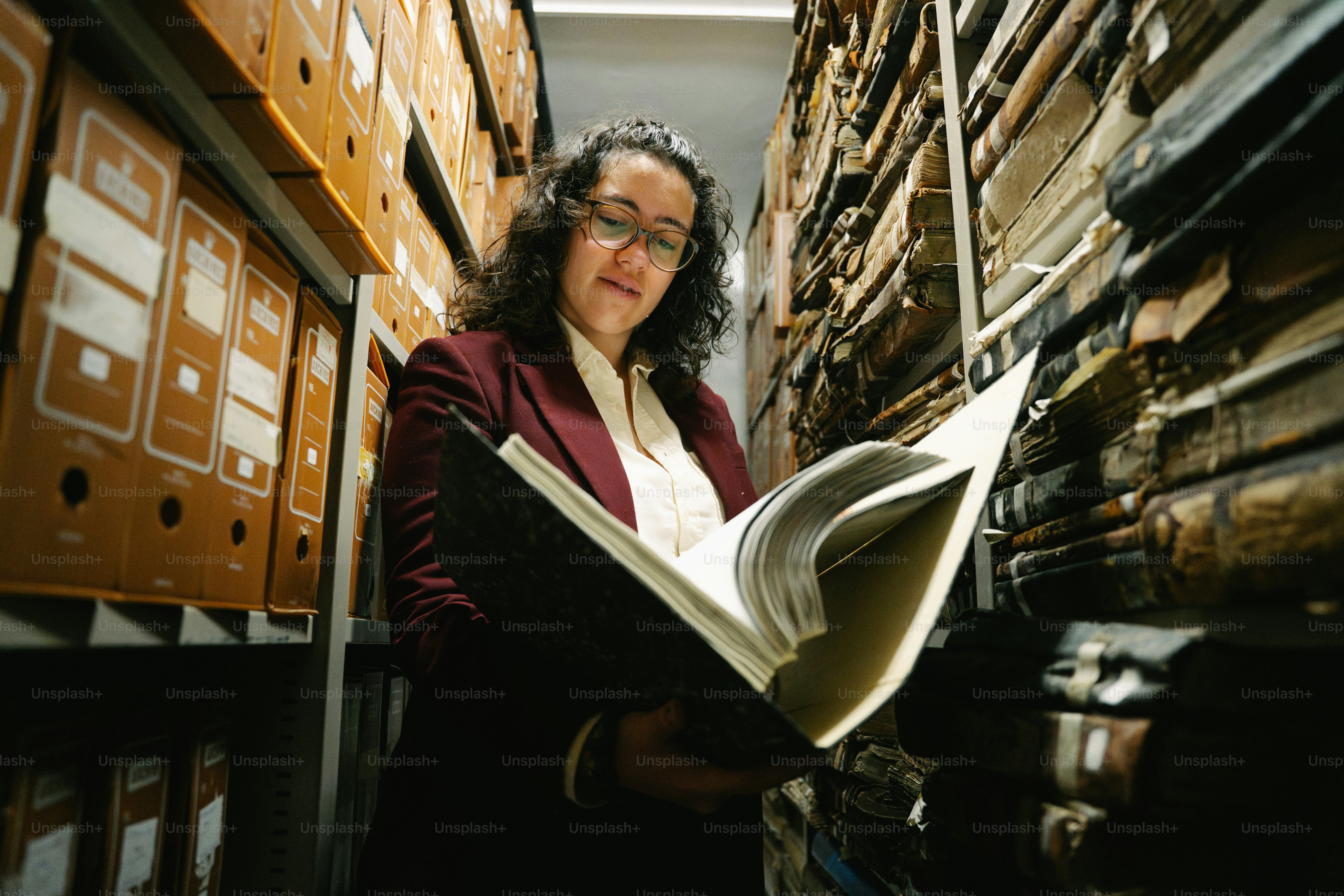 Woman looking through documents in archive