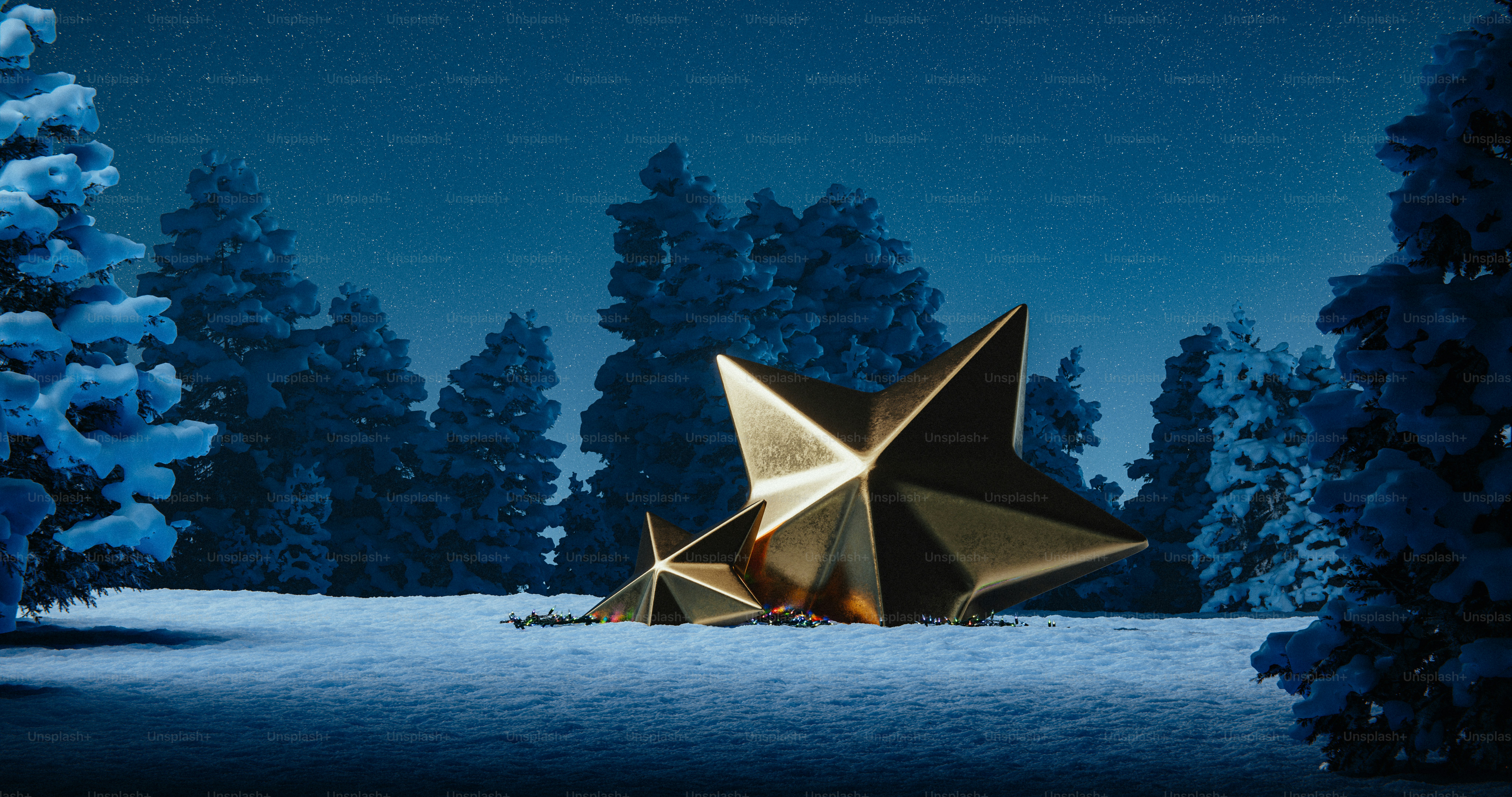 Golden stars resting in a snowy forest at night.