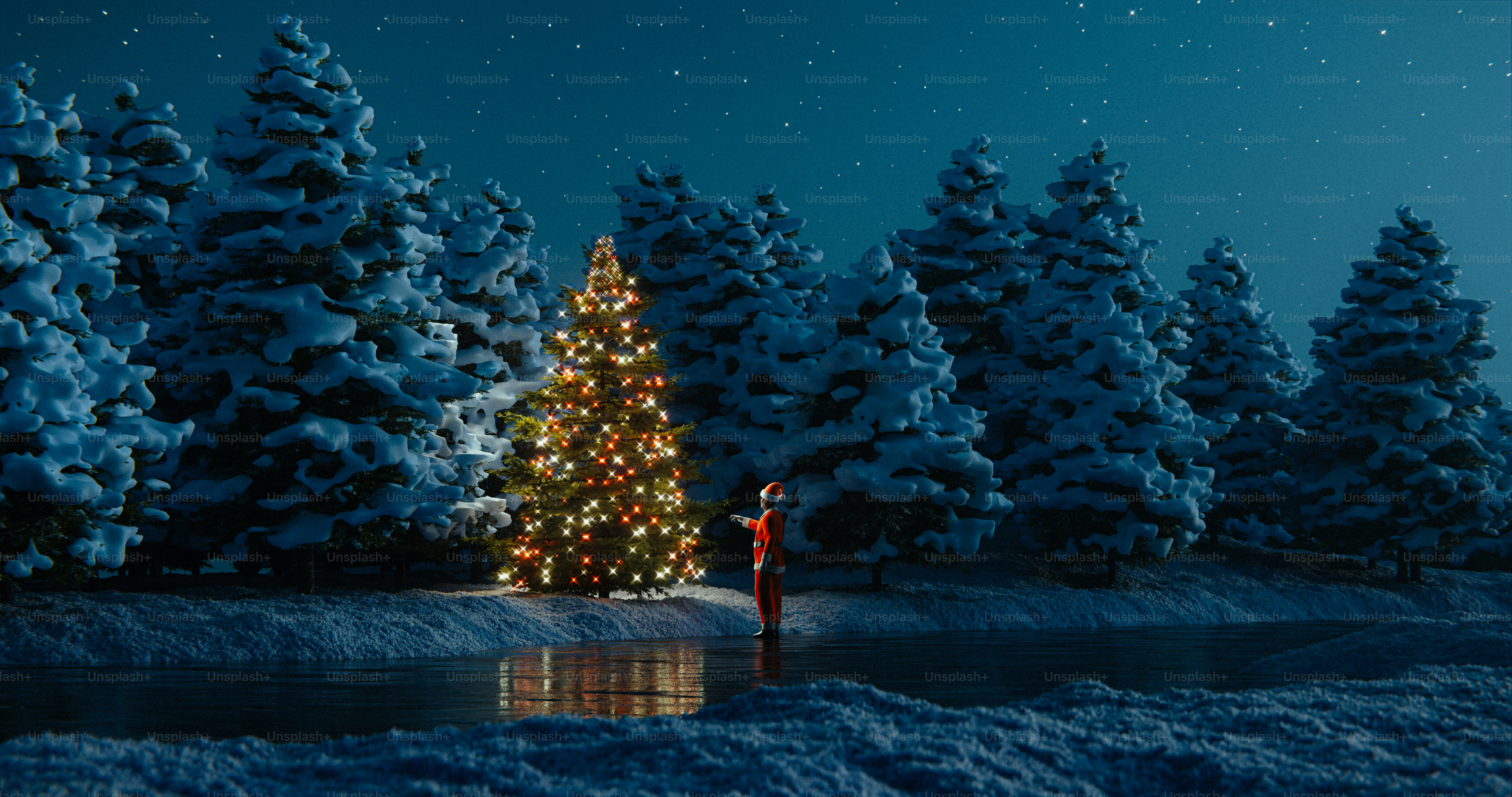 A decorated christmas tree stands by a snowy forest.