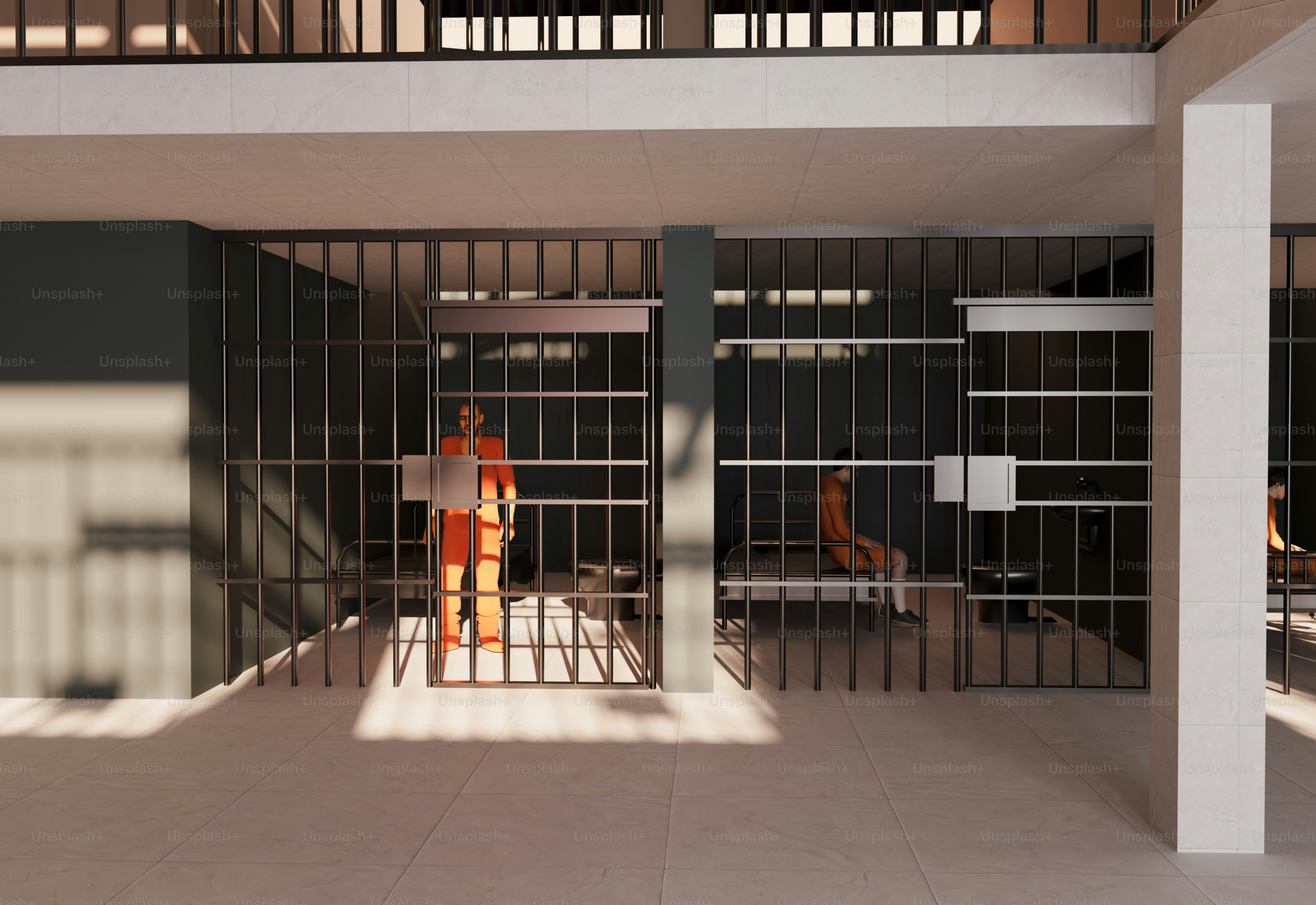 Prison cells with inmates in orange jumpsuits