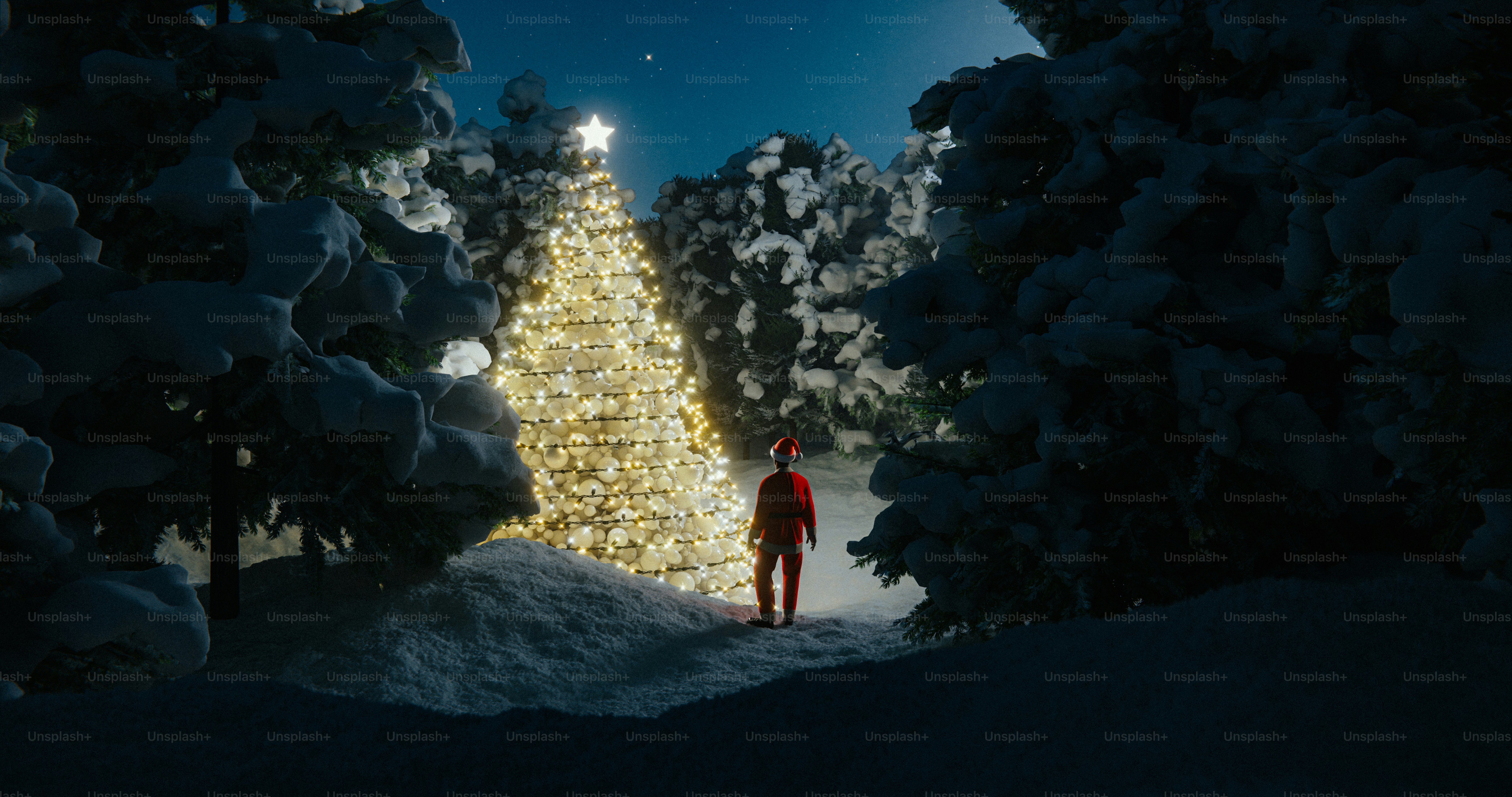 Person walks towards a lit christmas tree in snowy woods.