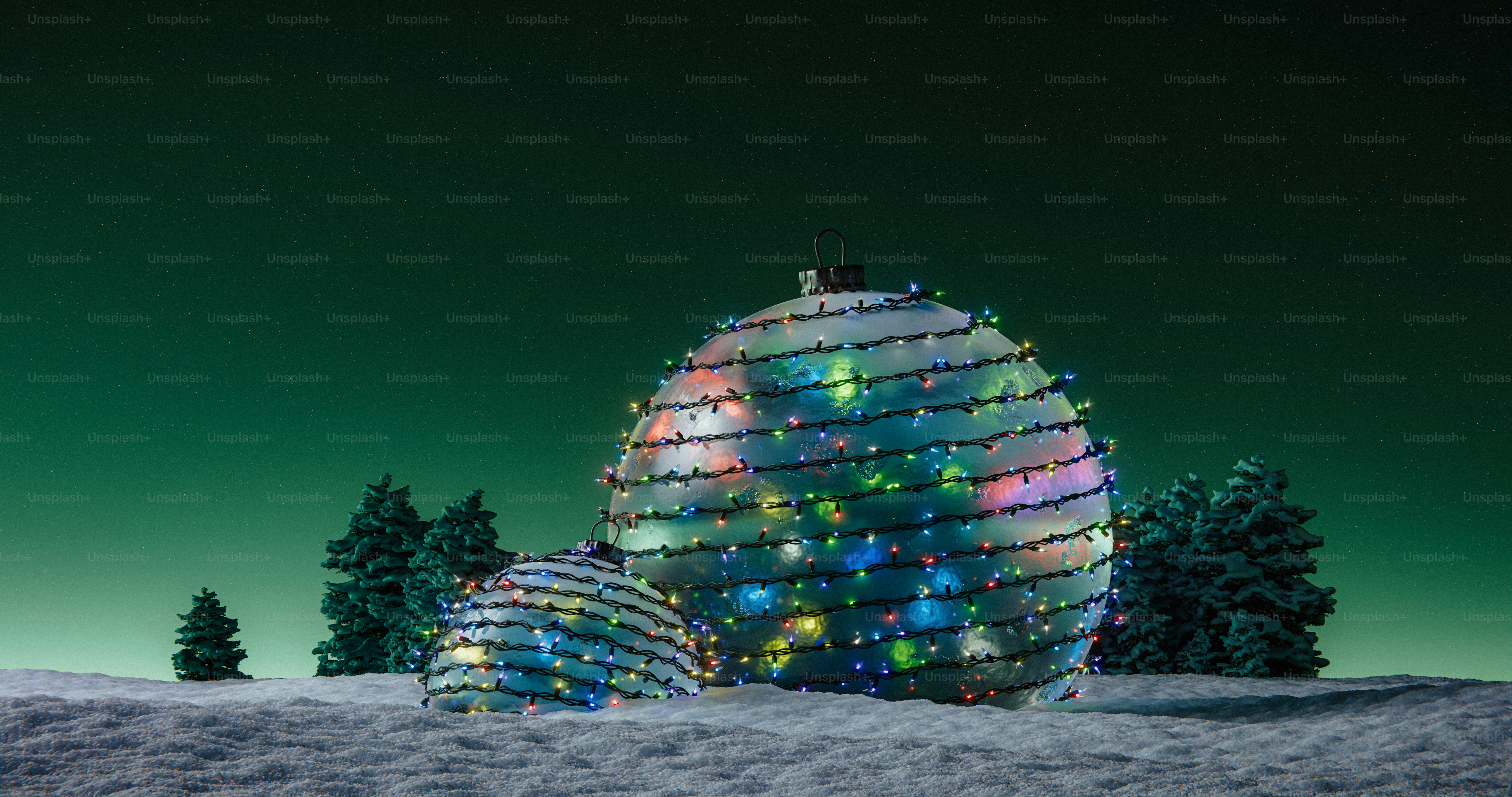 Two spherical structures decorated with christmas lights
