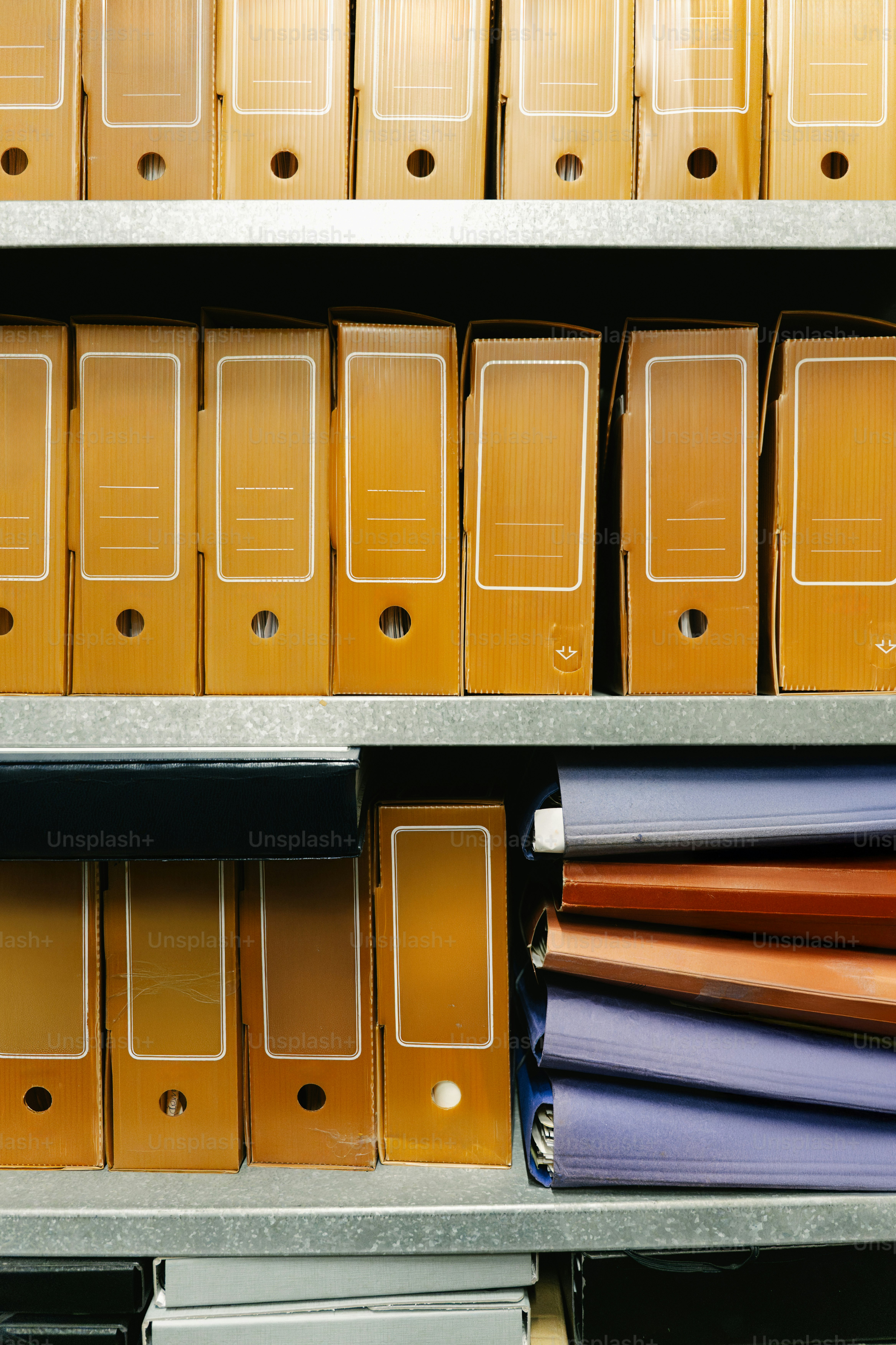 Rows of orange binders on shelves.
