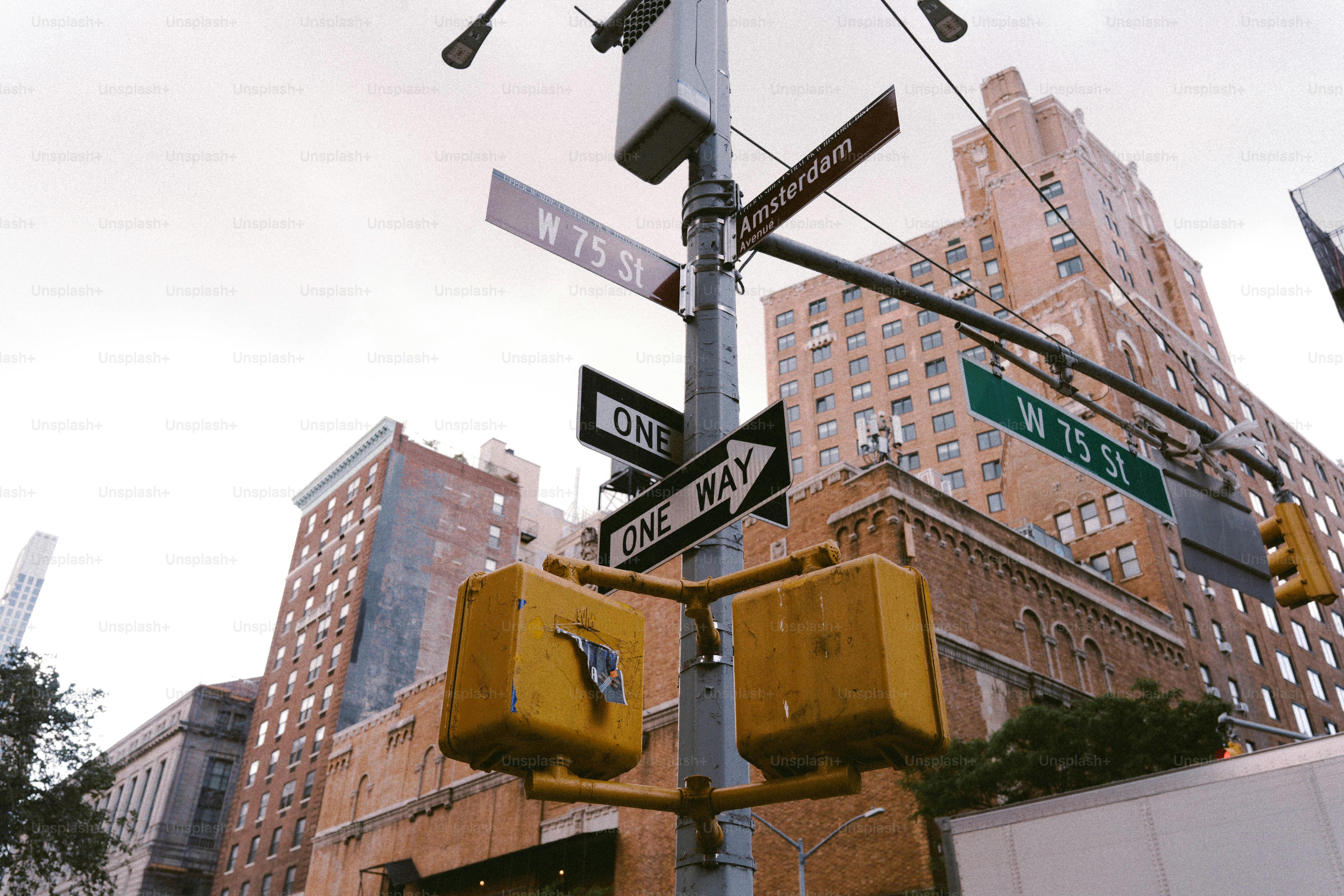 Street signs and traffic lights in a city
