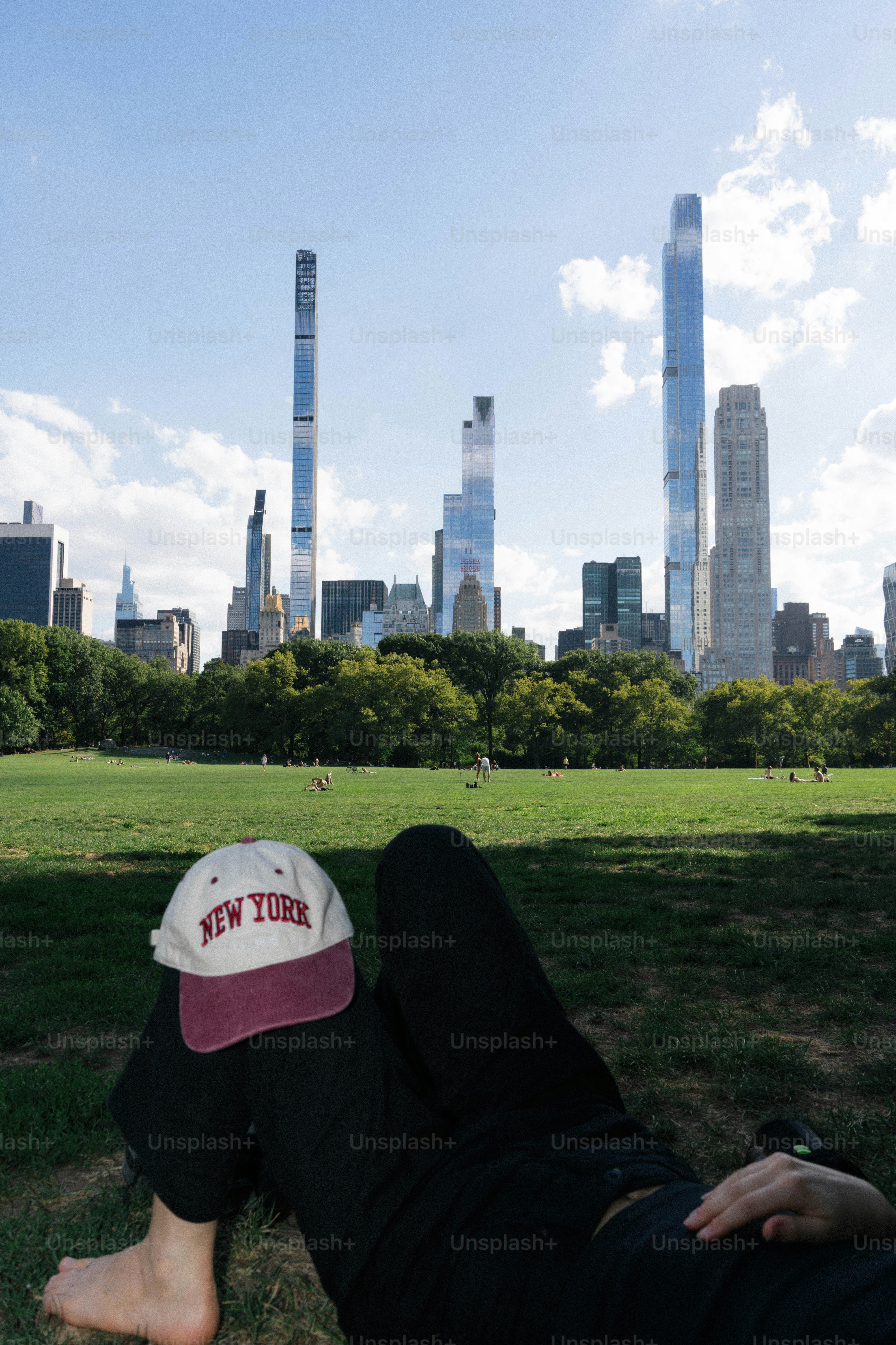 セントラルパークの芝生から見たニューヨーク市のスカイライン。