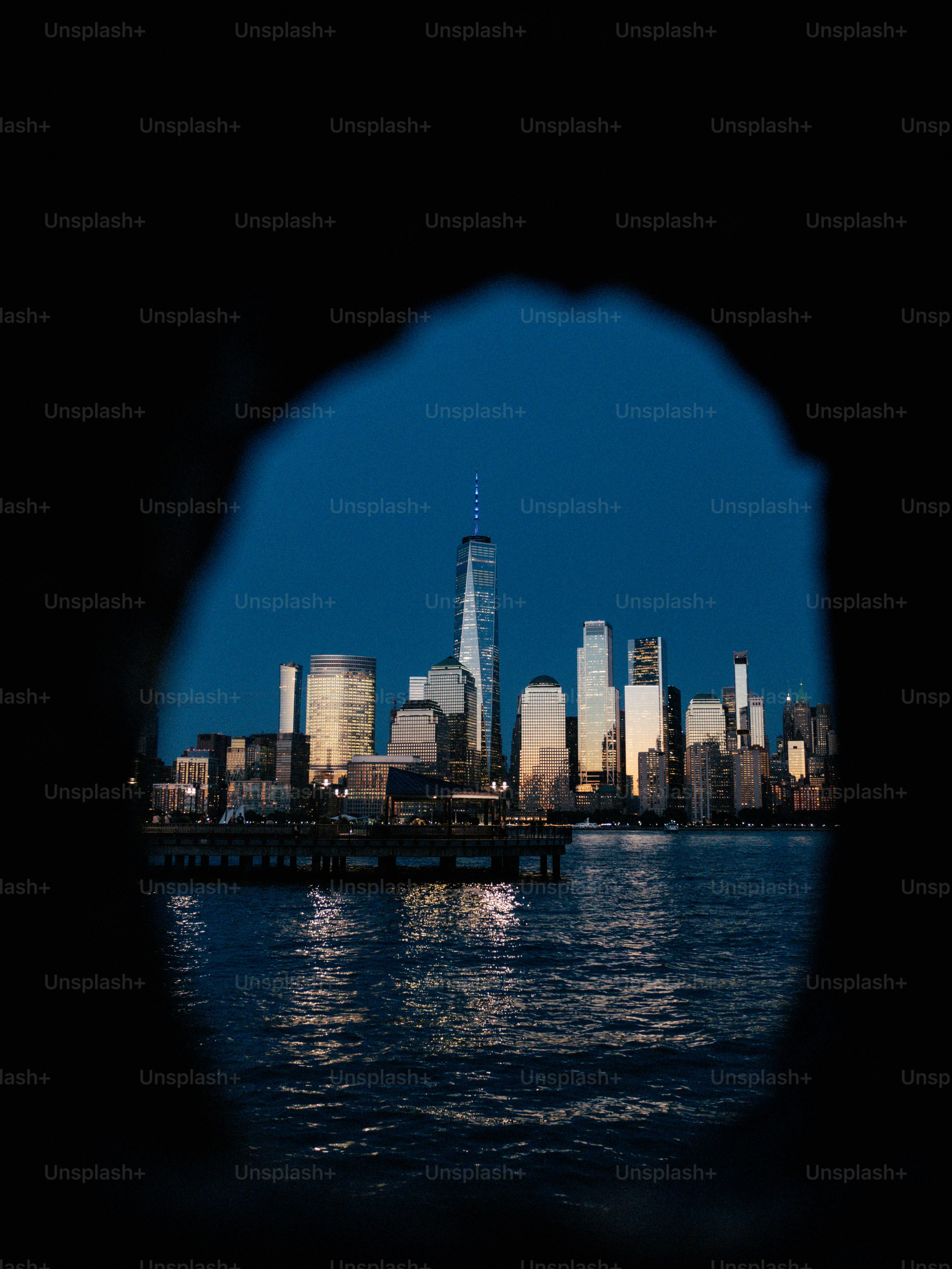 New york city skyline viewed through a dark opening.