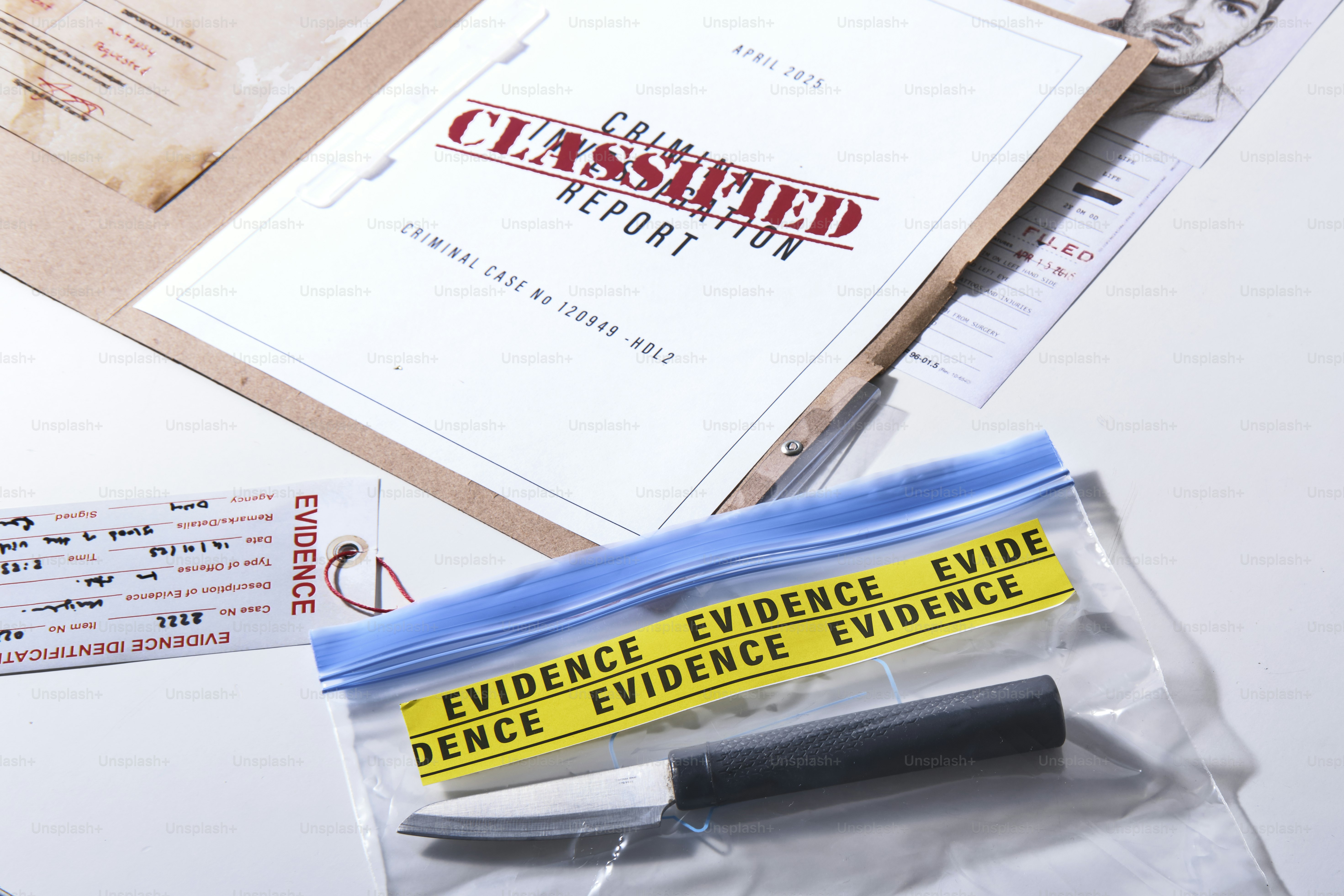 Knife in evidence bag with classified report