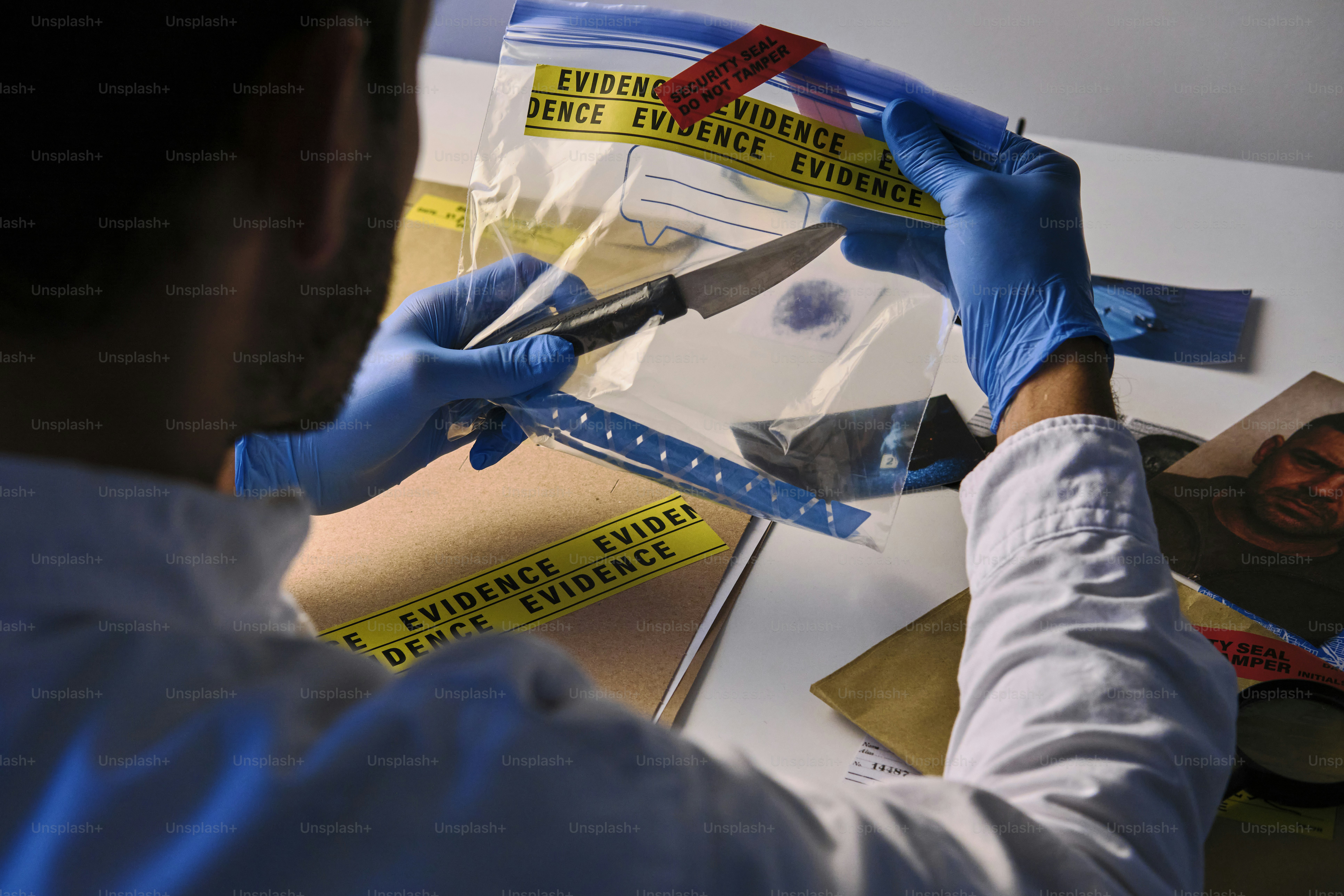 Forensic scientist examining a knife in evidence bag.