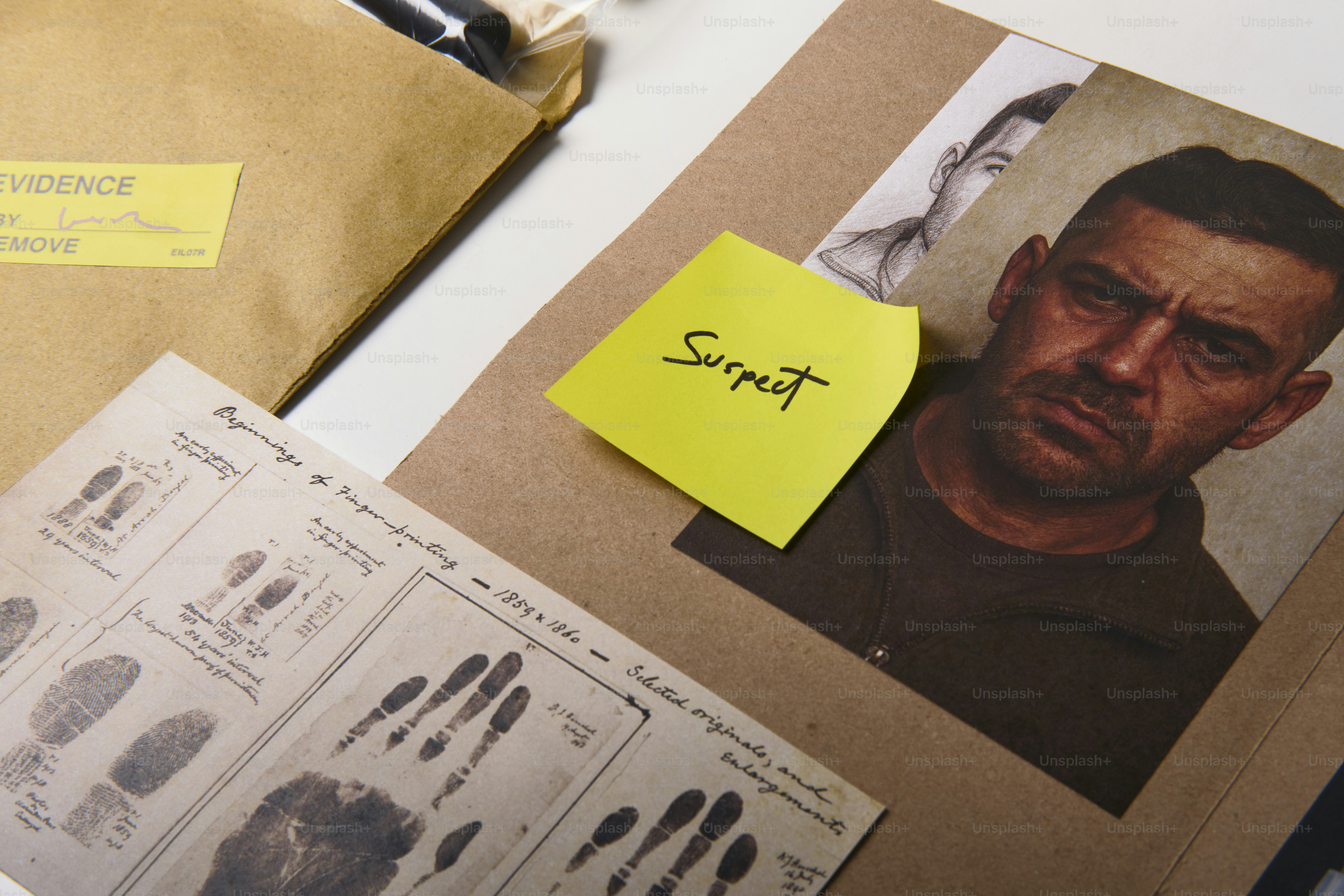 Evidence envelopes and crime scene photos on a table. photo – Map Image ...