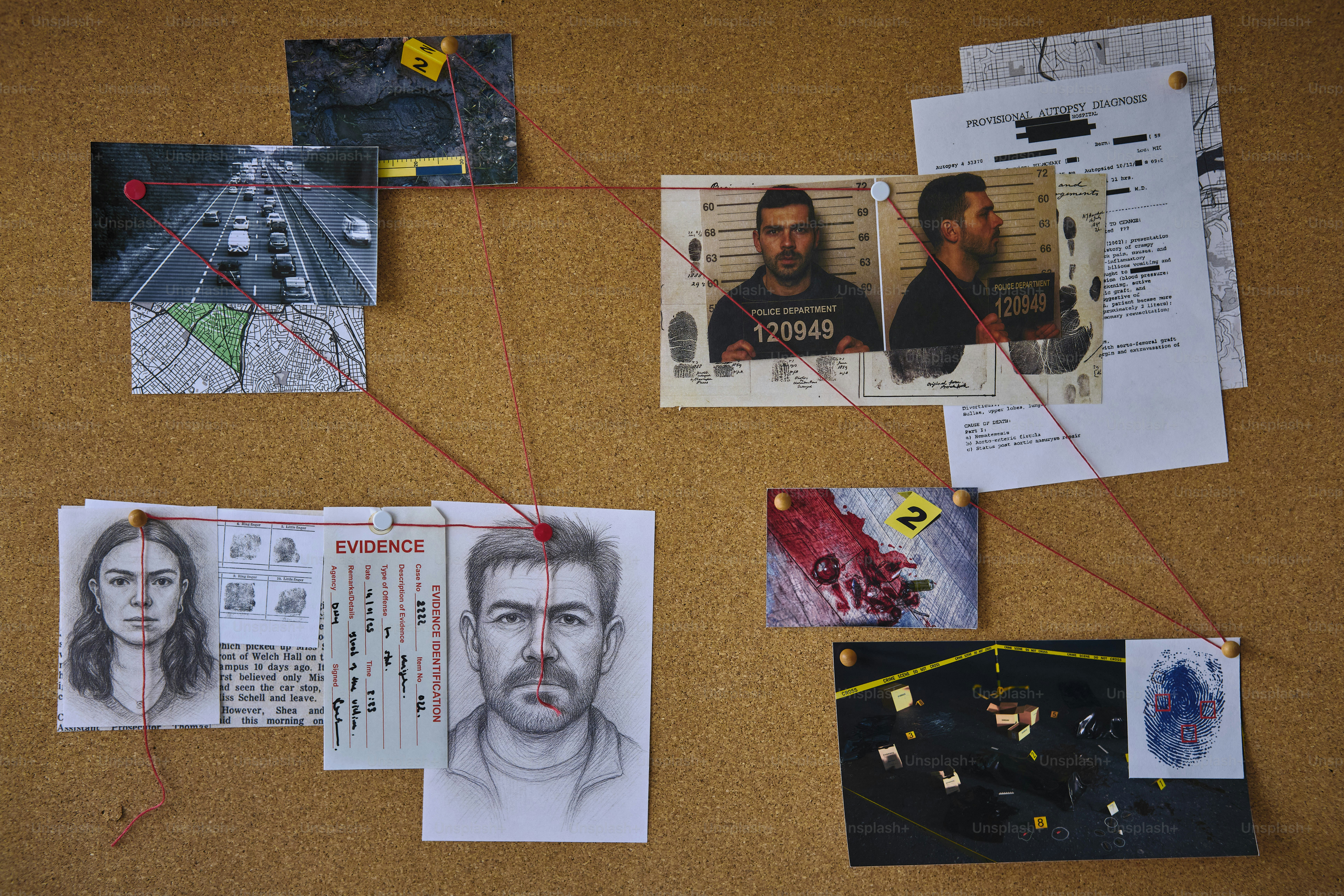 Junta de investigación criminal con fotos y pruebas