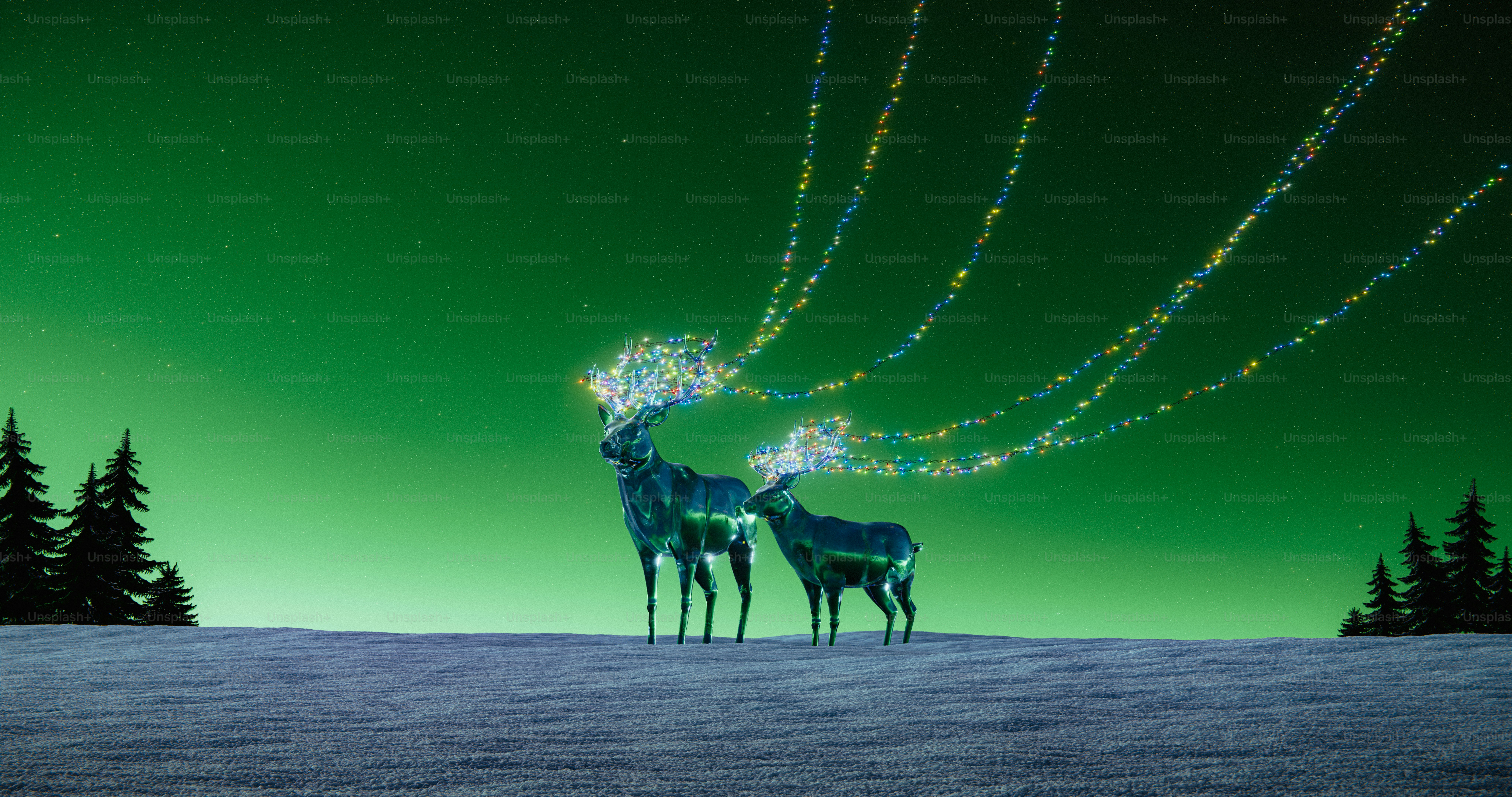 Two deer with glowing antlers under starry sky