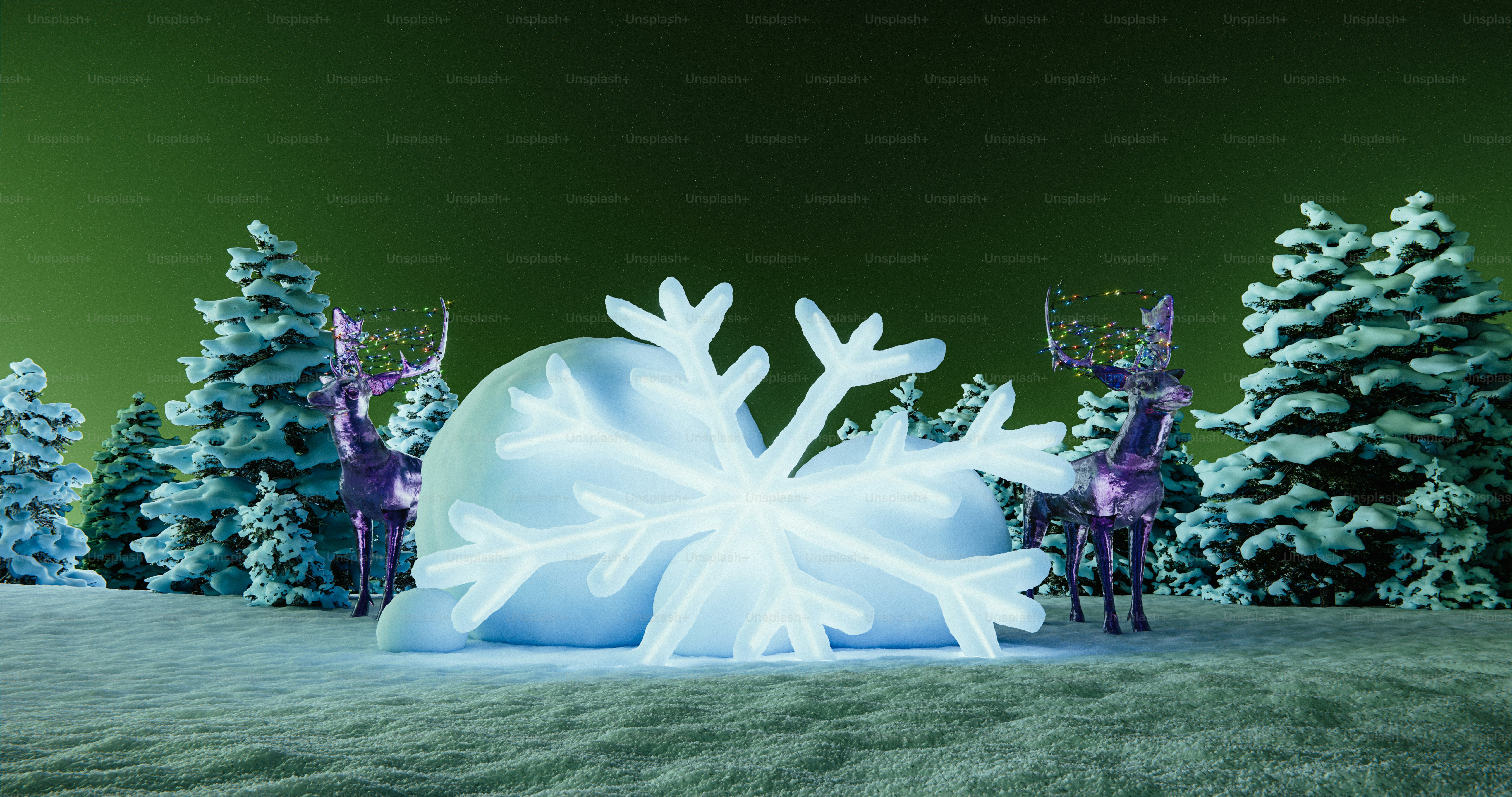 Two deer carrying a large glowing snowflake