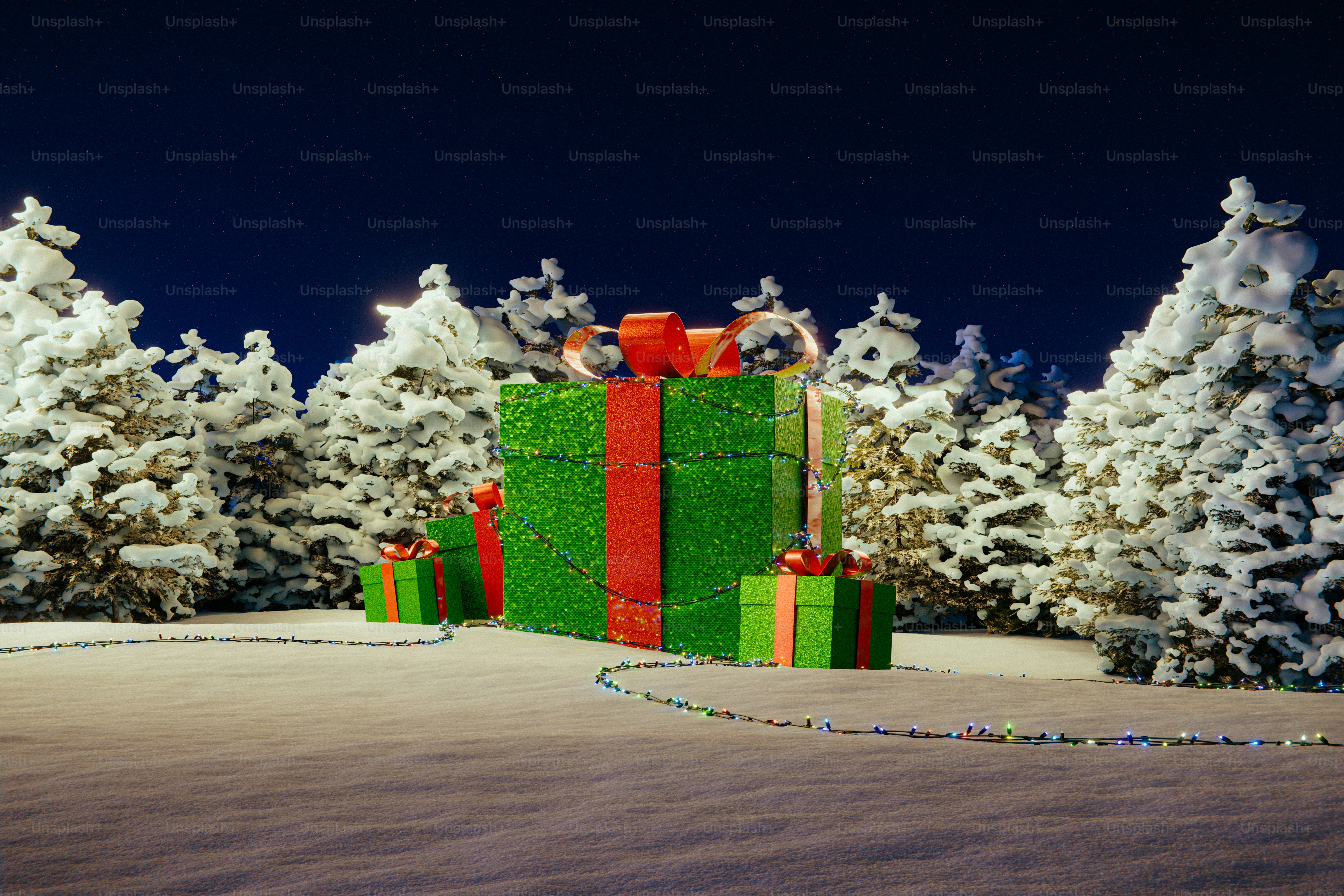 Wrapped christmas gifts in a snowy forest setting.