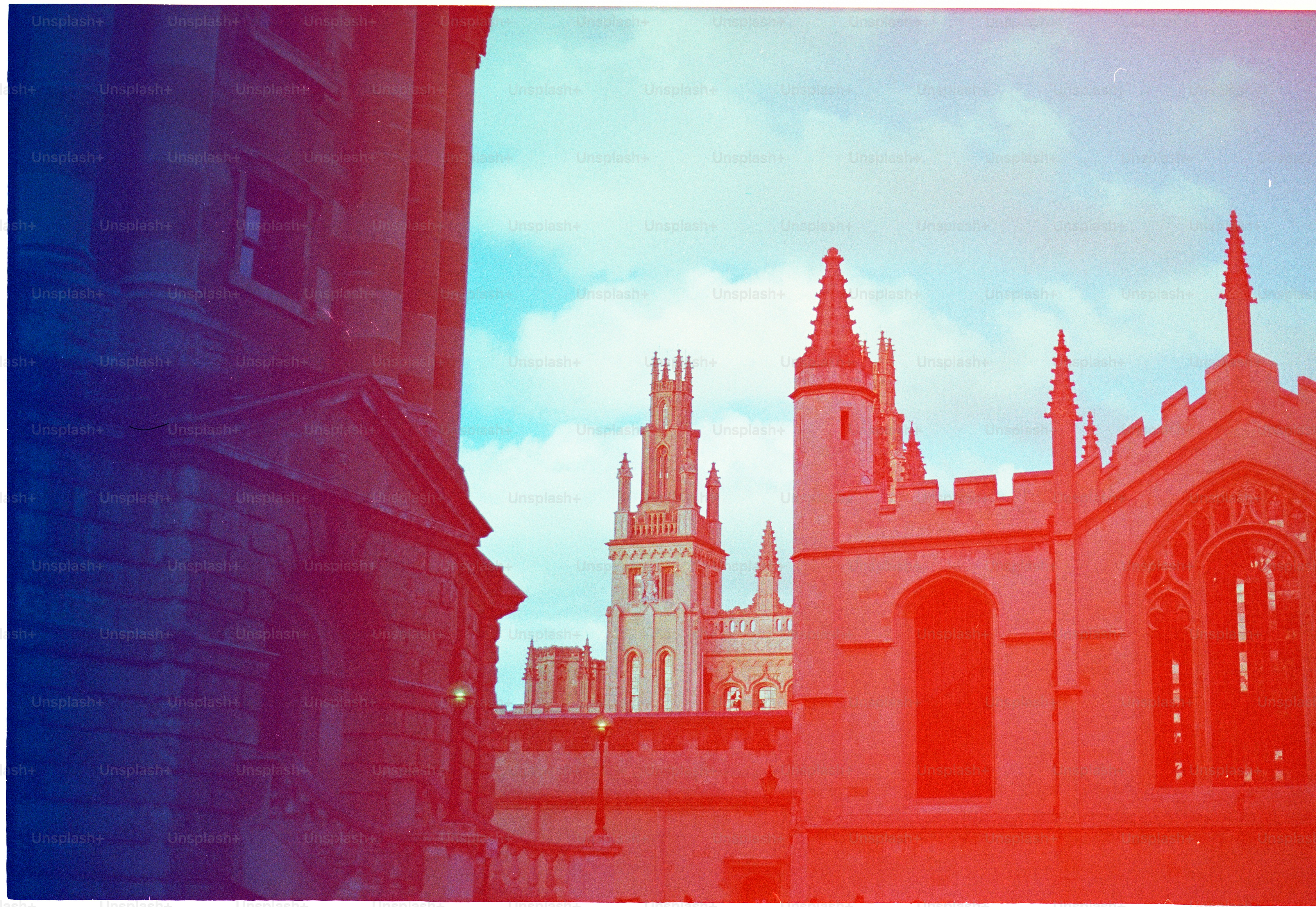 Historic architecture with red and blue color overlay