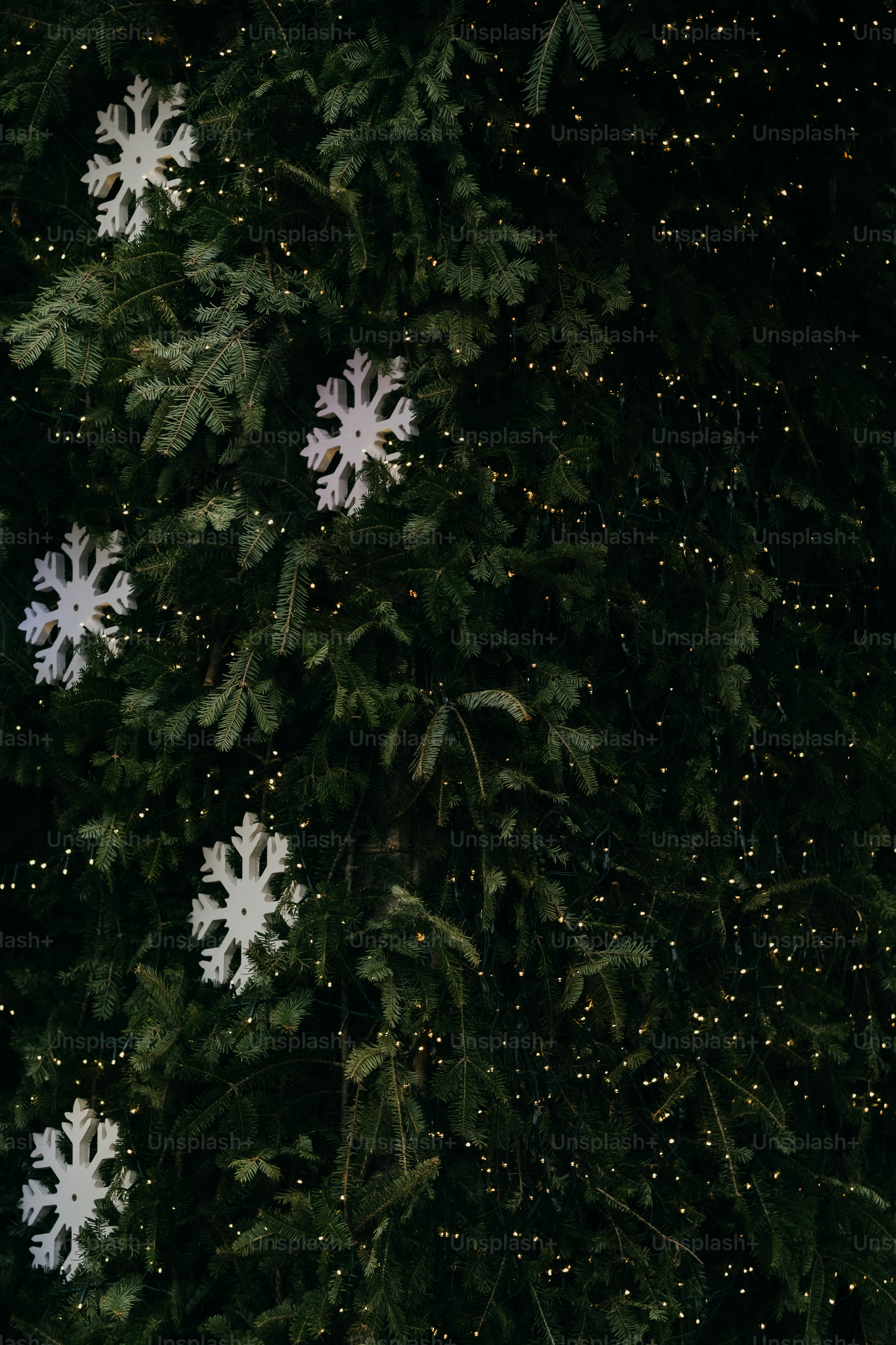 Snowflake ornaments on a decorated evergreen tree