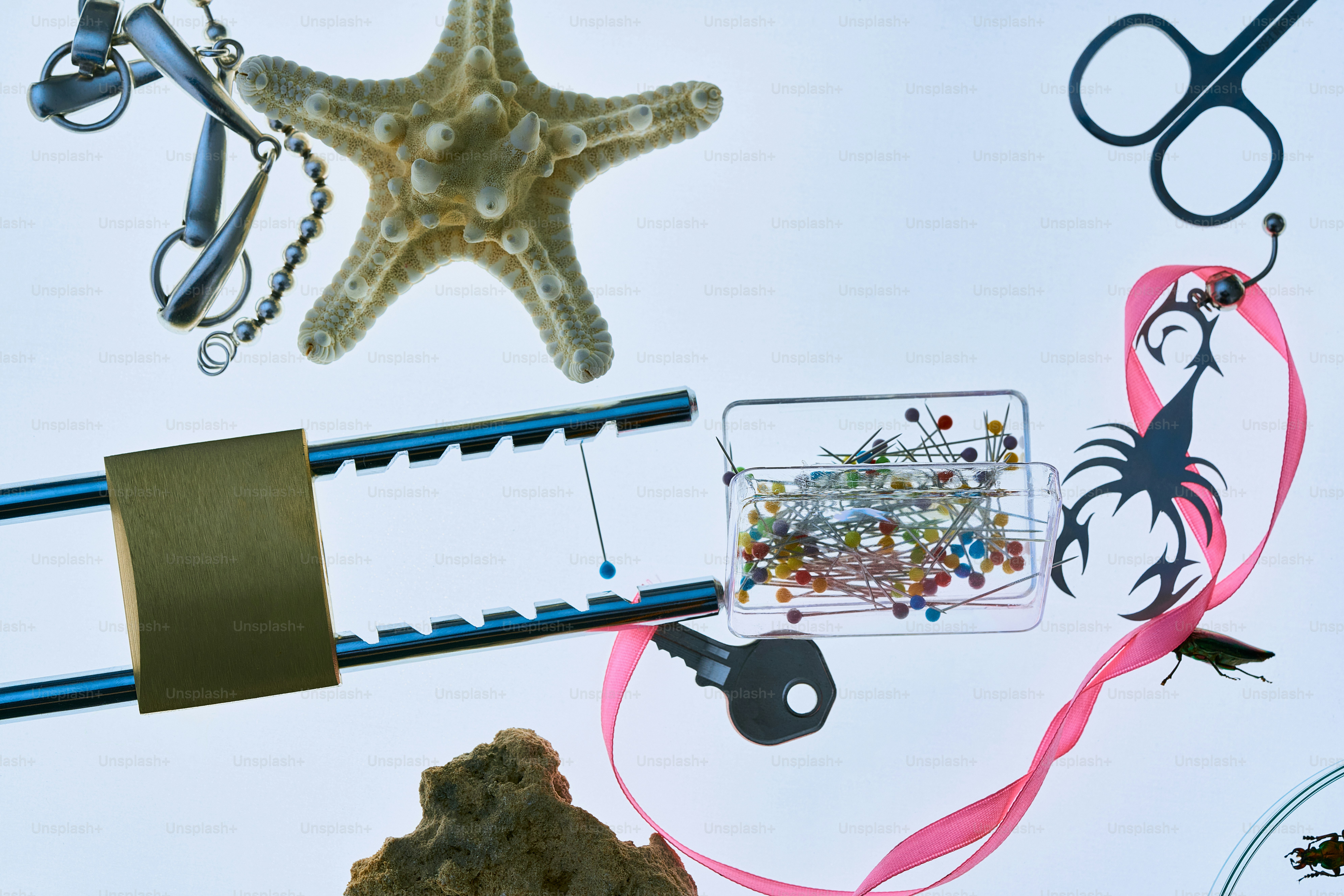 Assorted objects and a starfish floating against white background