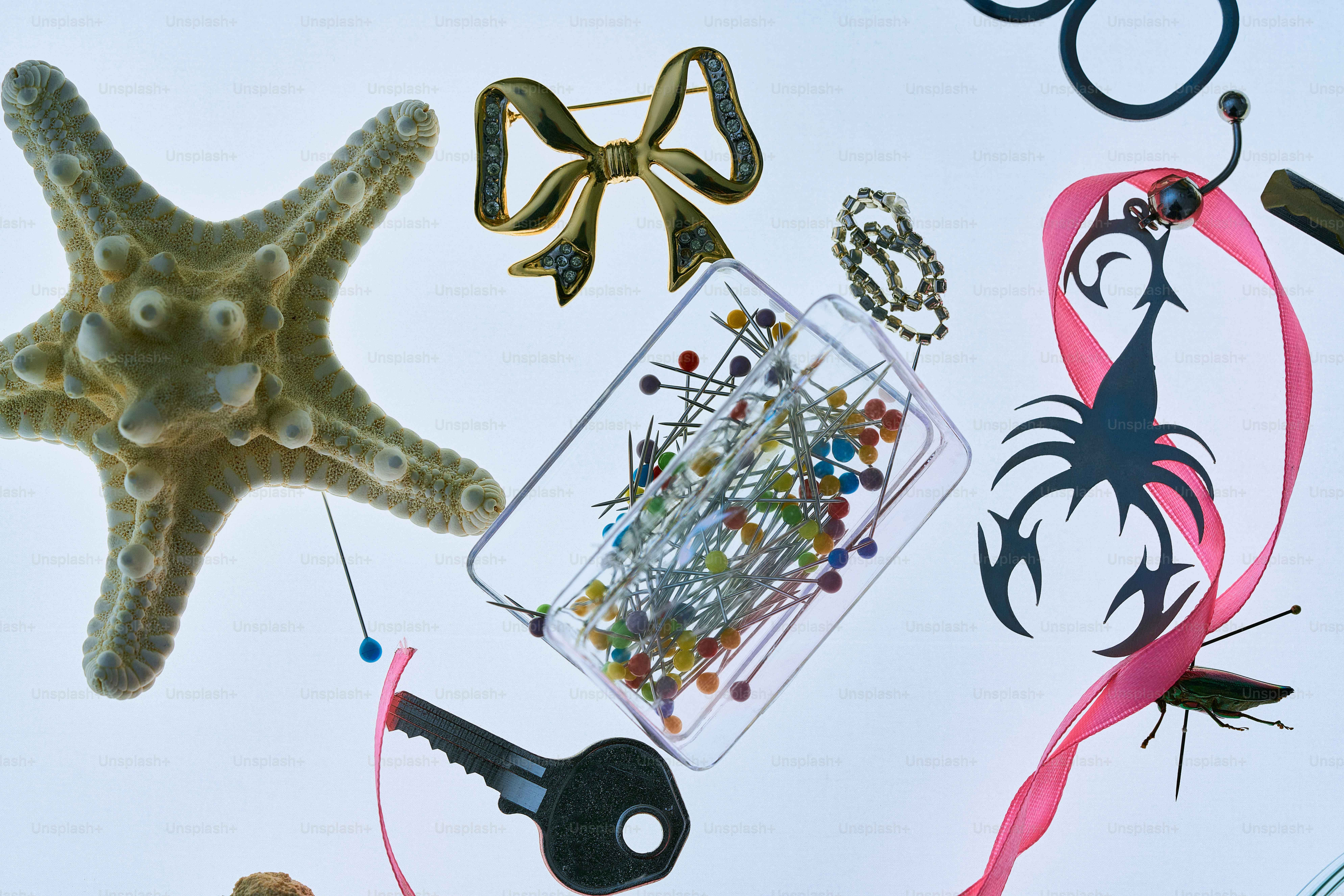 Assortment of small objects including a starfish and sewing pins.
