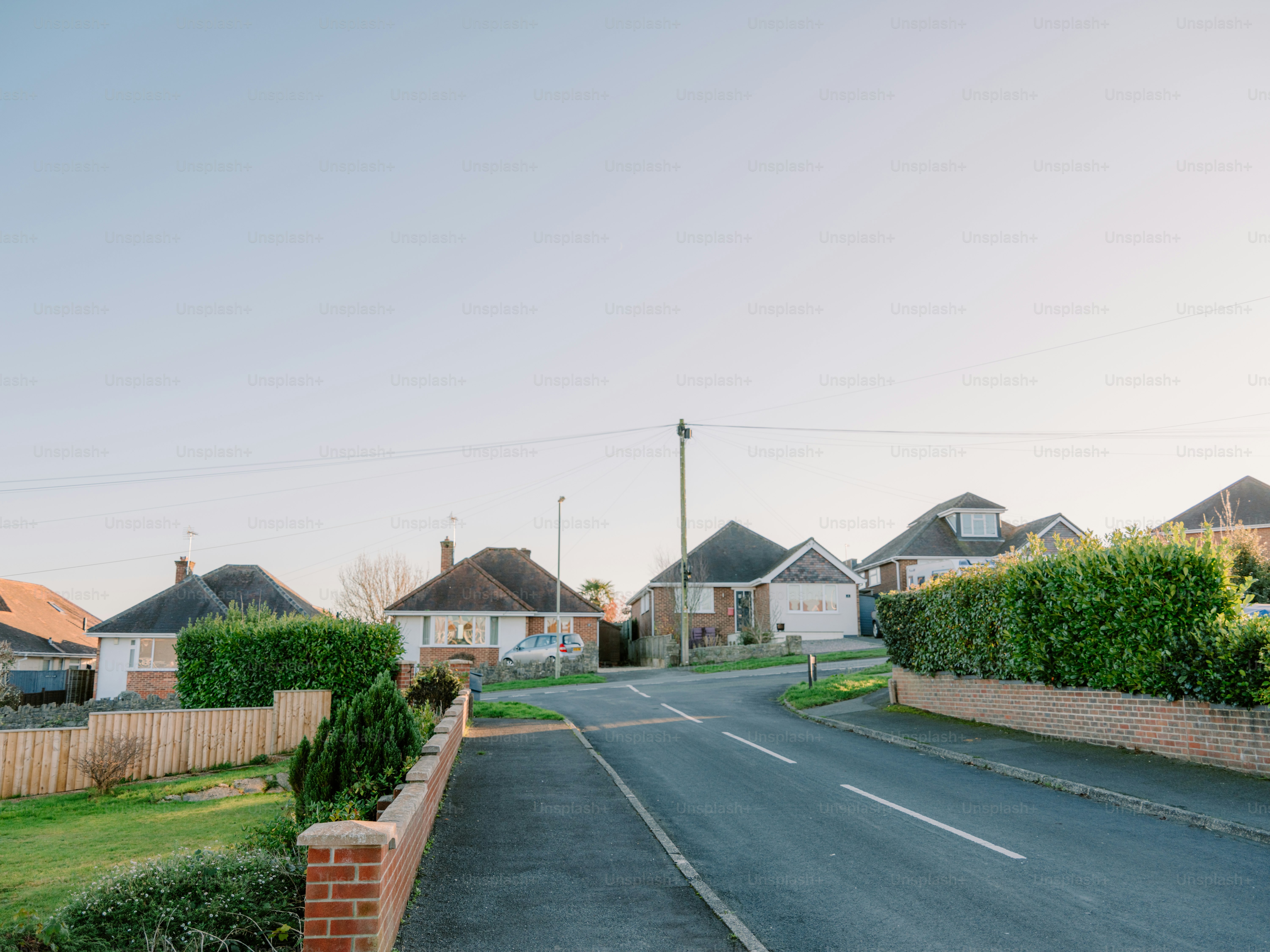 Suburban street with houses and green hedges