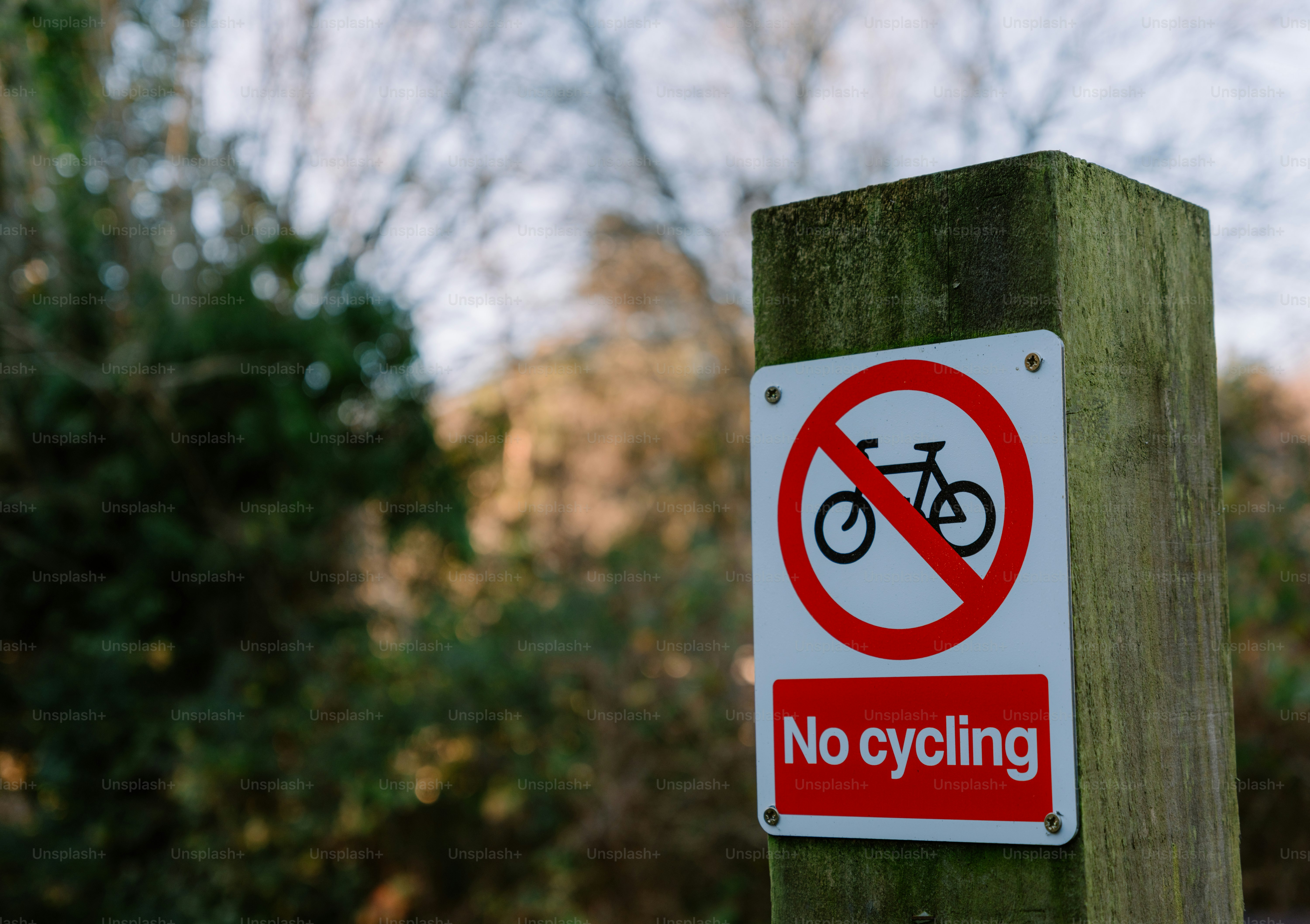 Poste de madera con un cartel de prohibido el uso de ciclistas