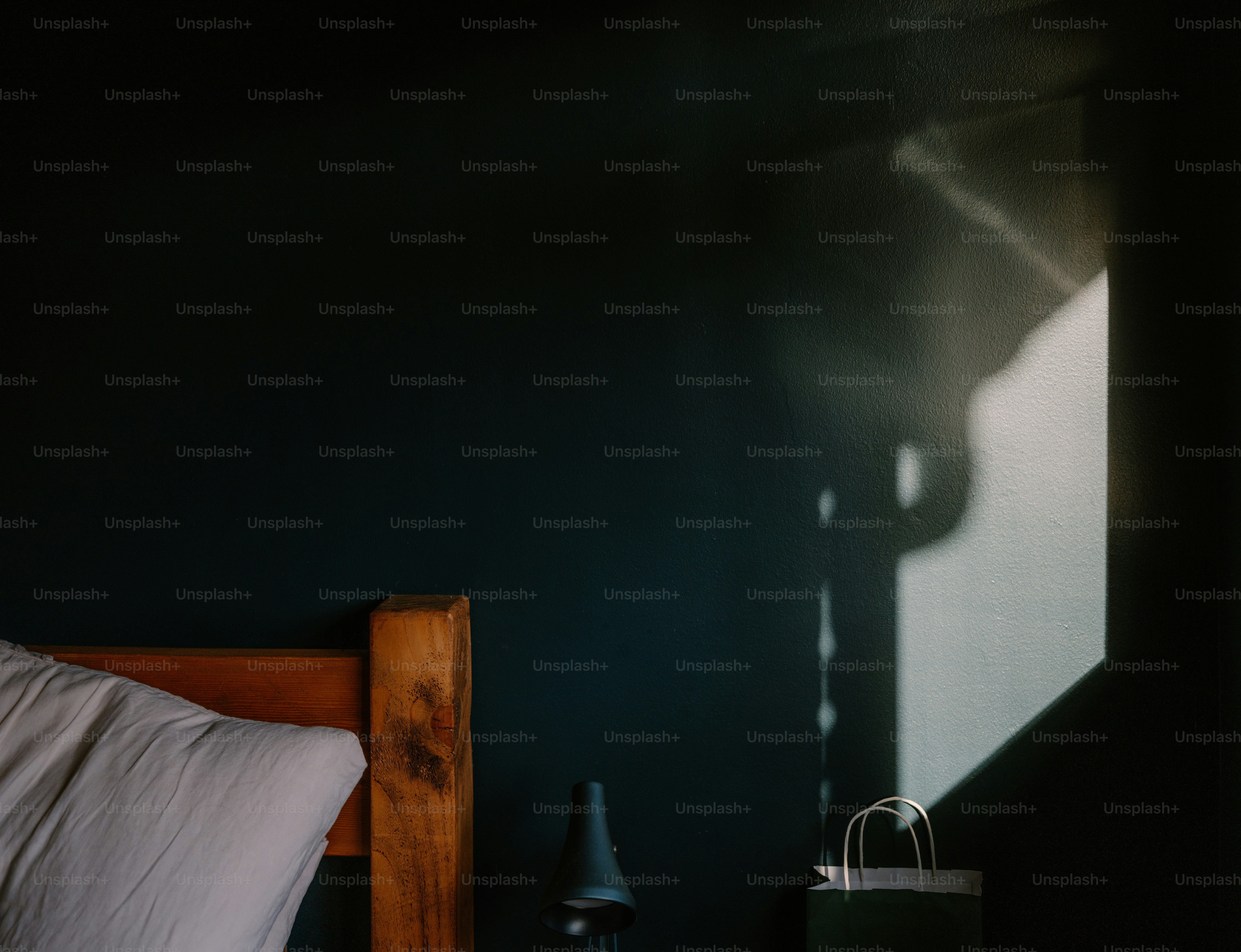 Shadows cast on a dark wall by a window.