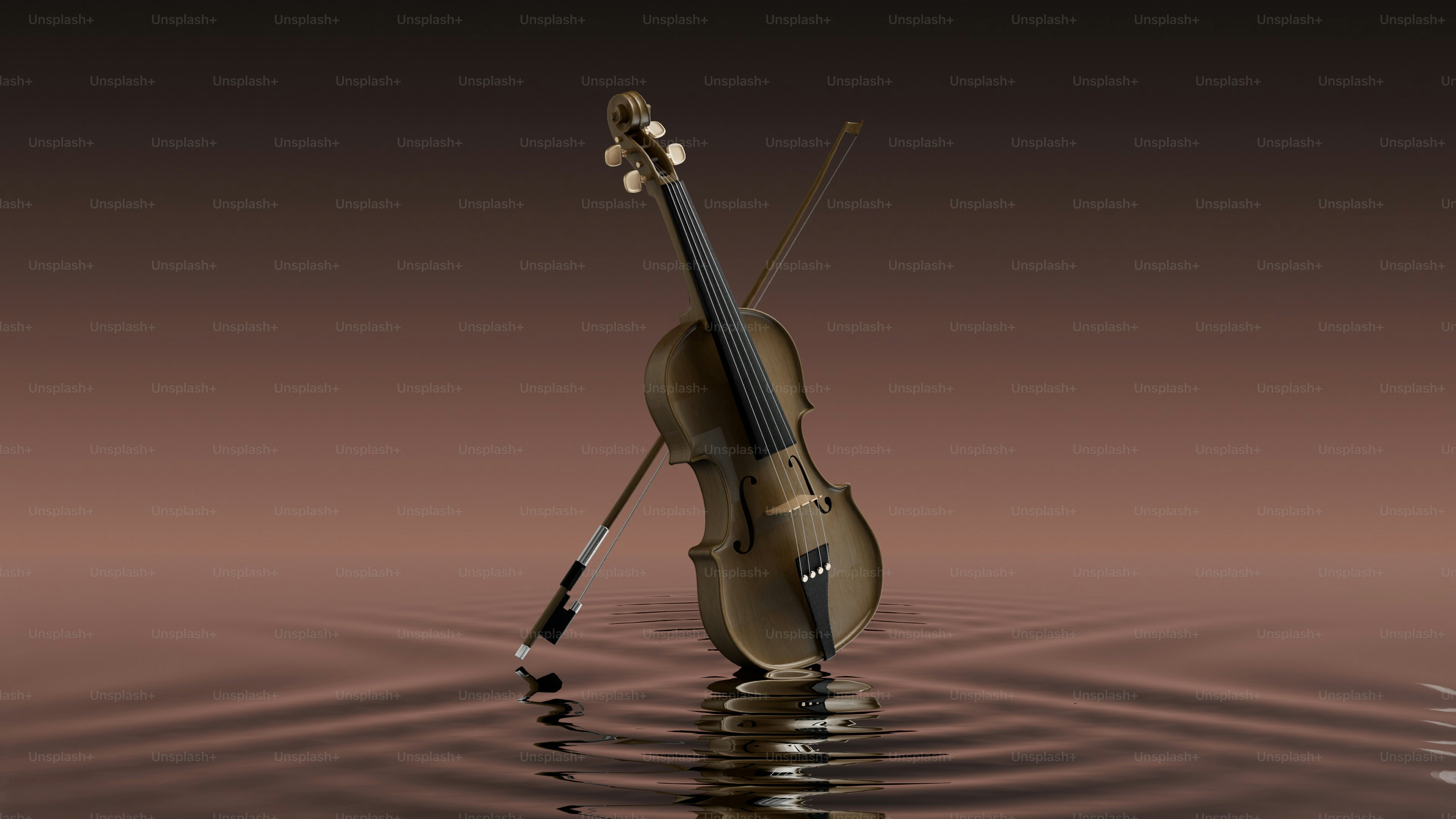 Violin and bow resting on rippling water surface