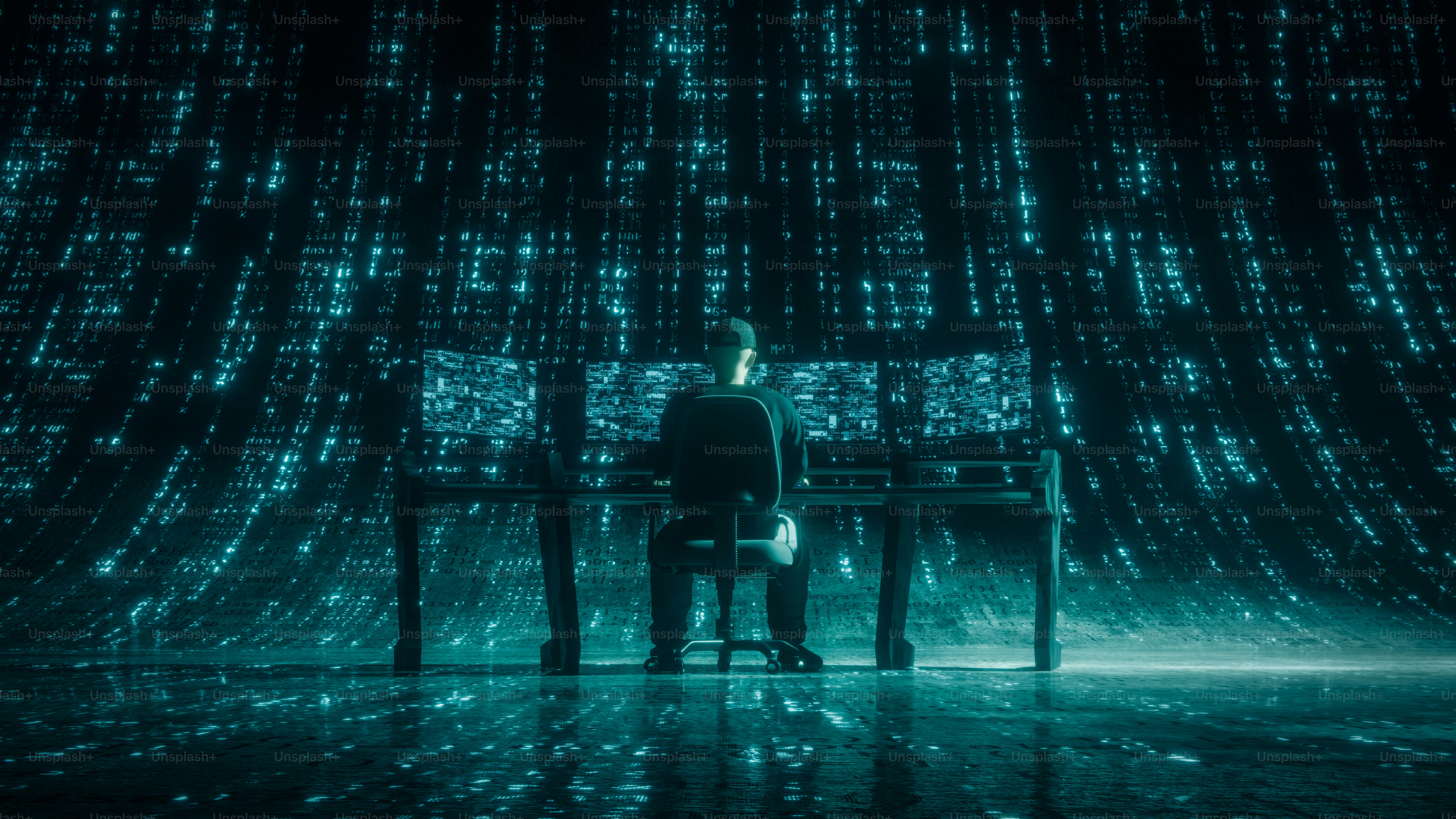 Hacker che lavora su più schermi di computer