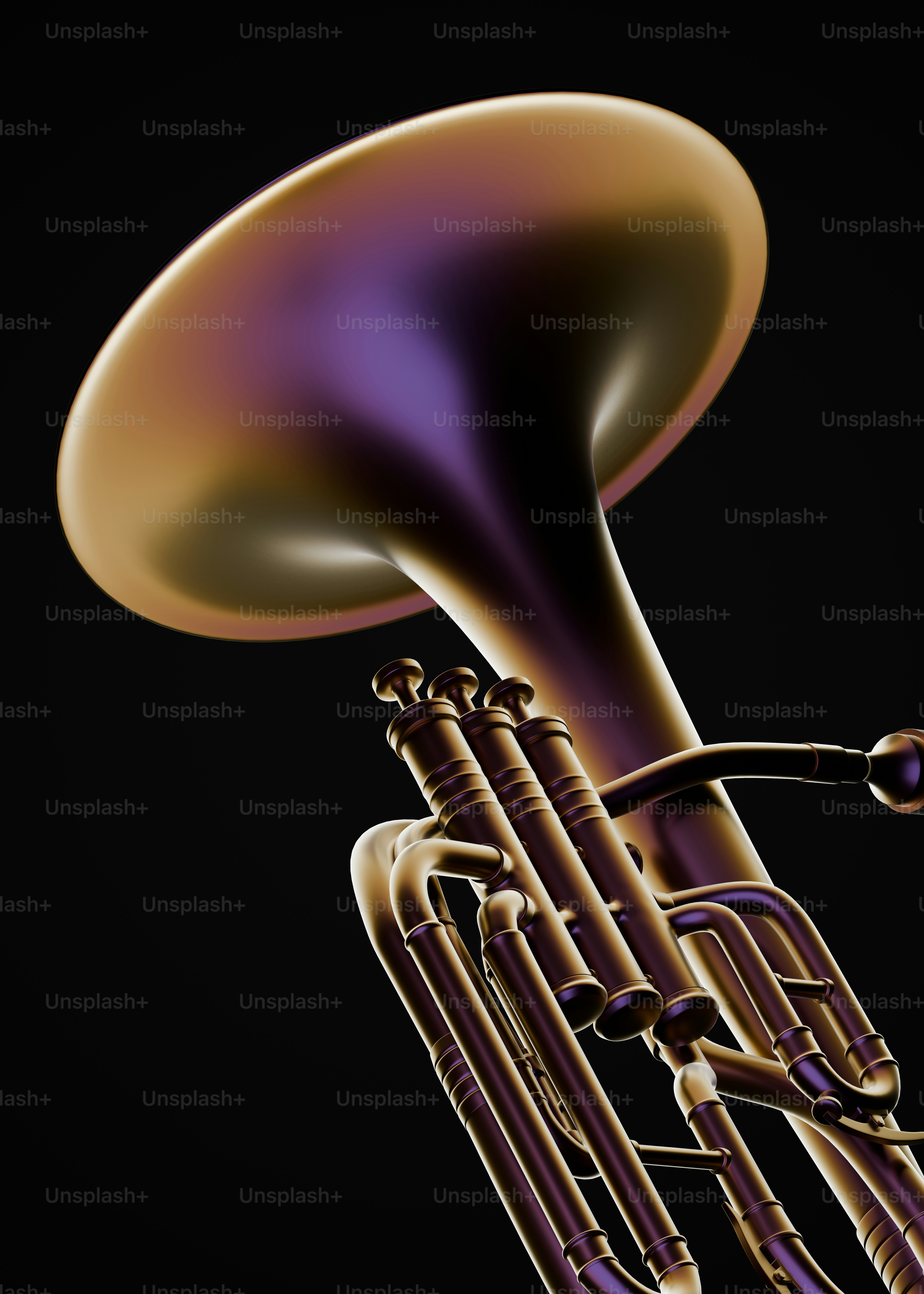 A brass euphonium with a dark background