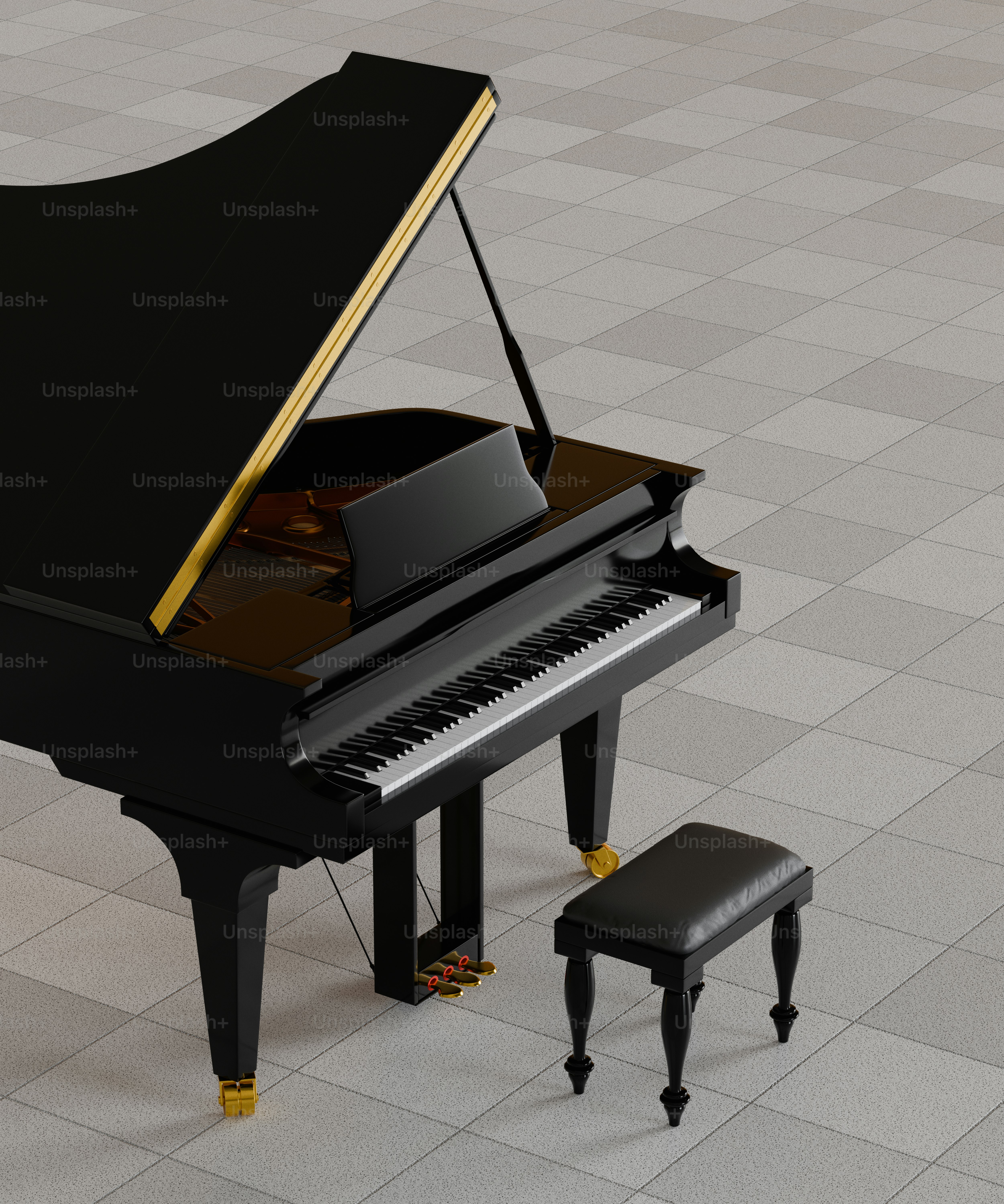 A black grand piano with a matching bench.