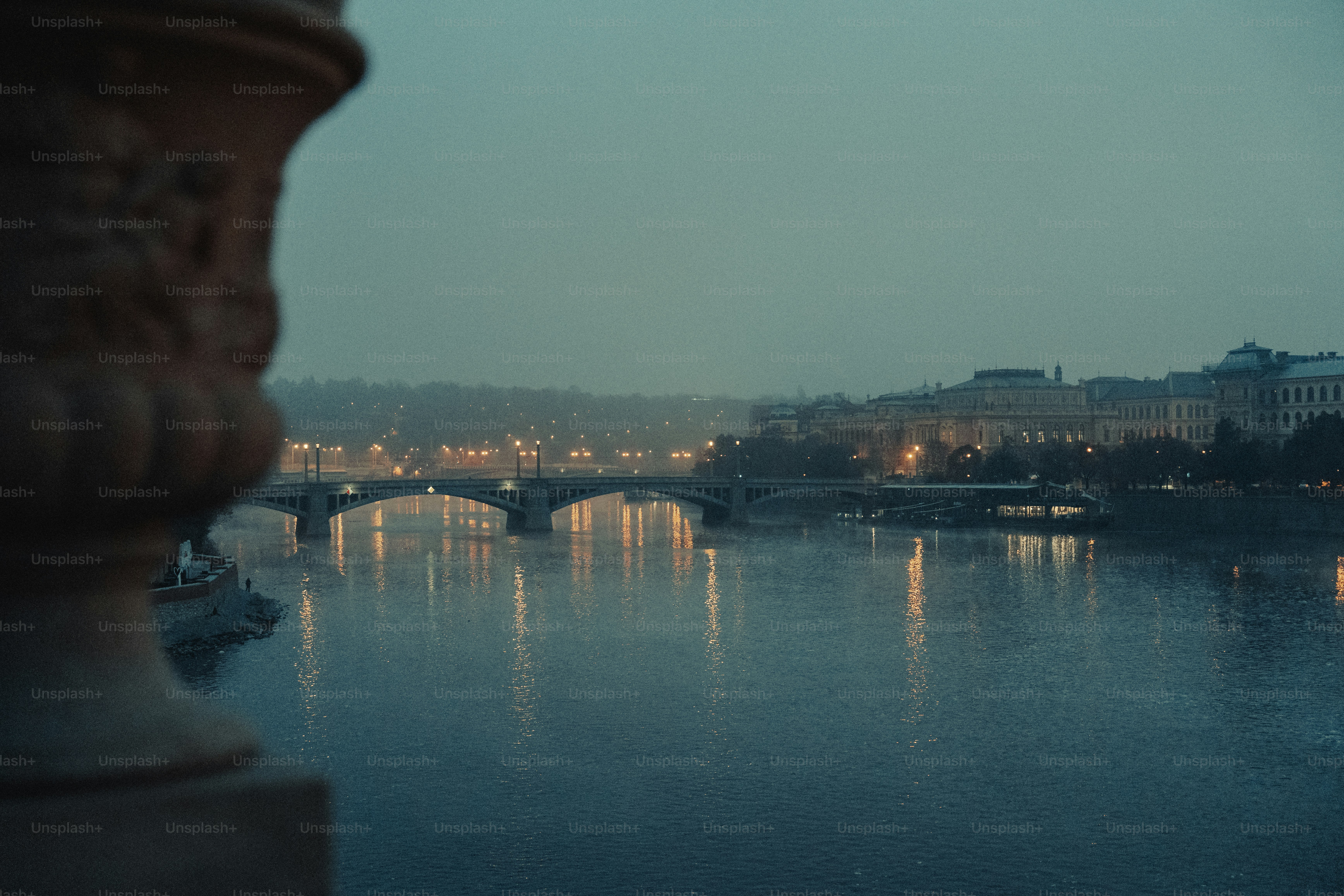City bridge over river at dusk with lights reflecting lights.