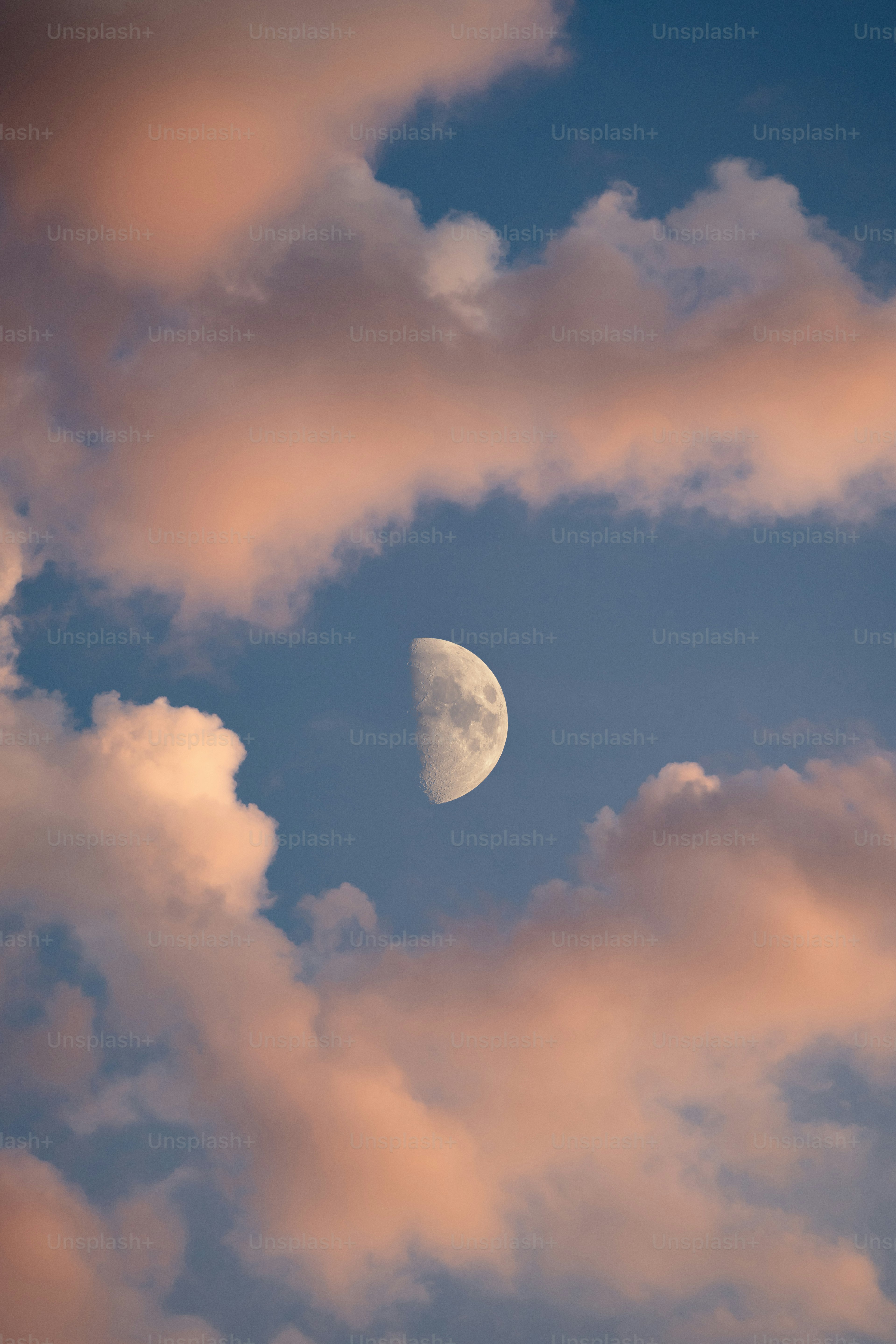 Half moon surrounded by pink clouds at dusk.