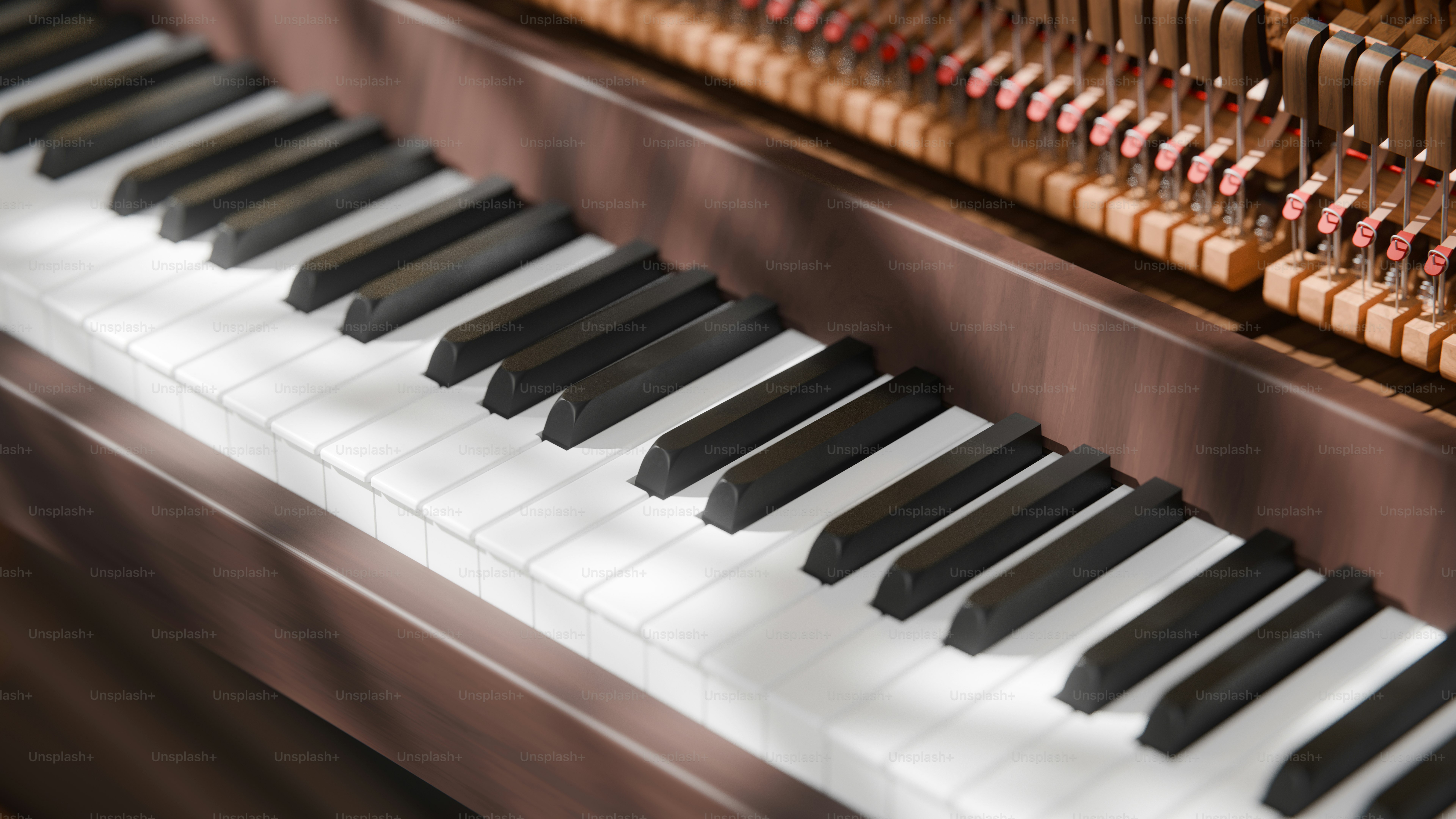 Close-up of piano keys and internal mechanism.