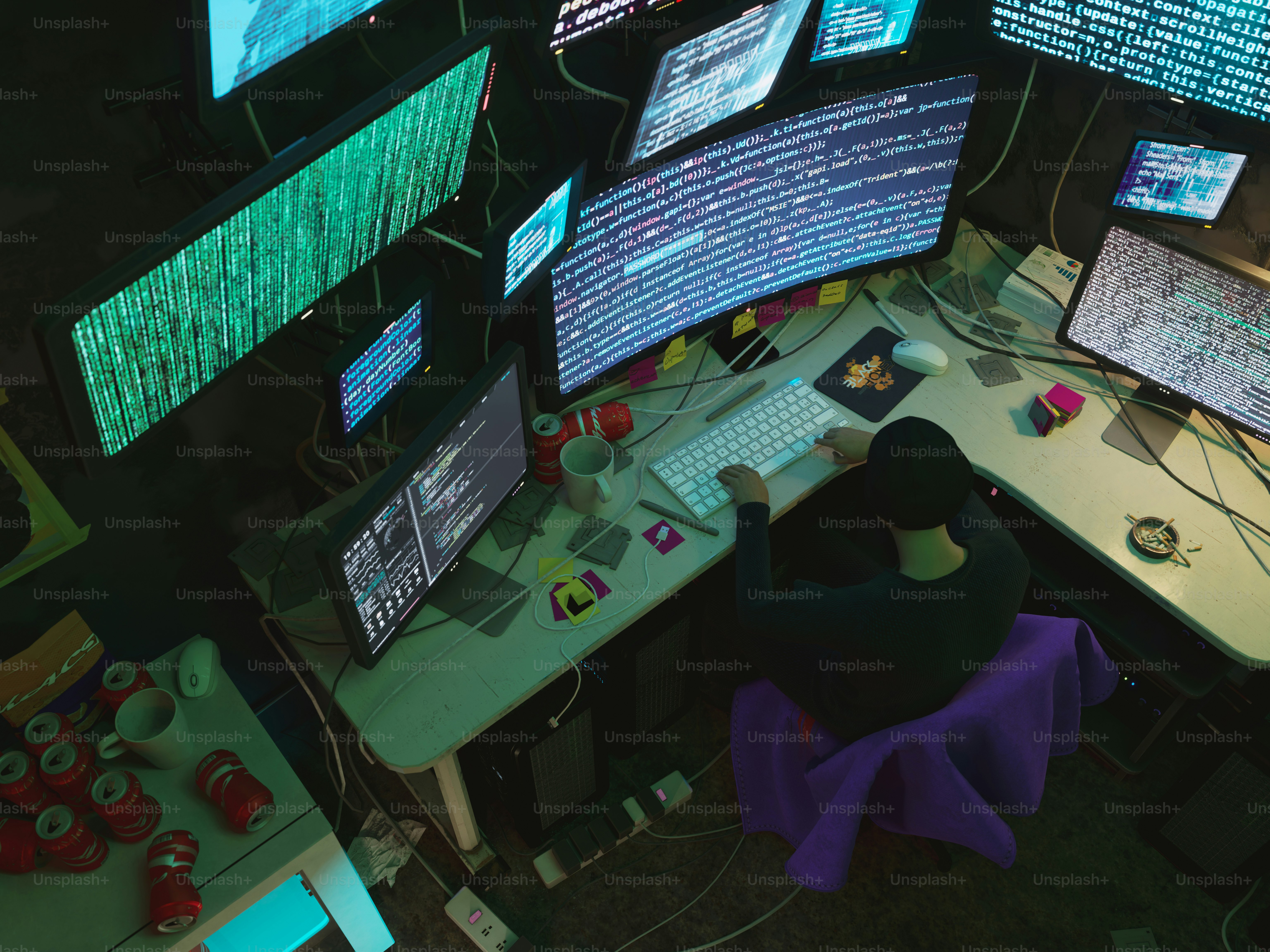 Person in a dark room coding on multiple monitors