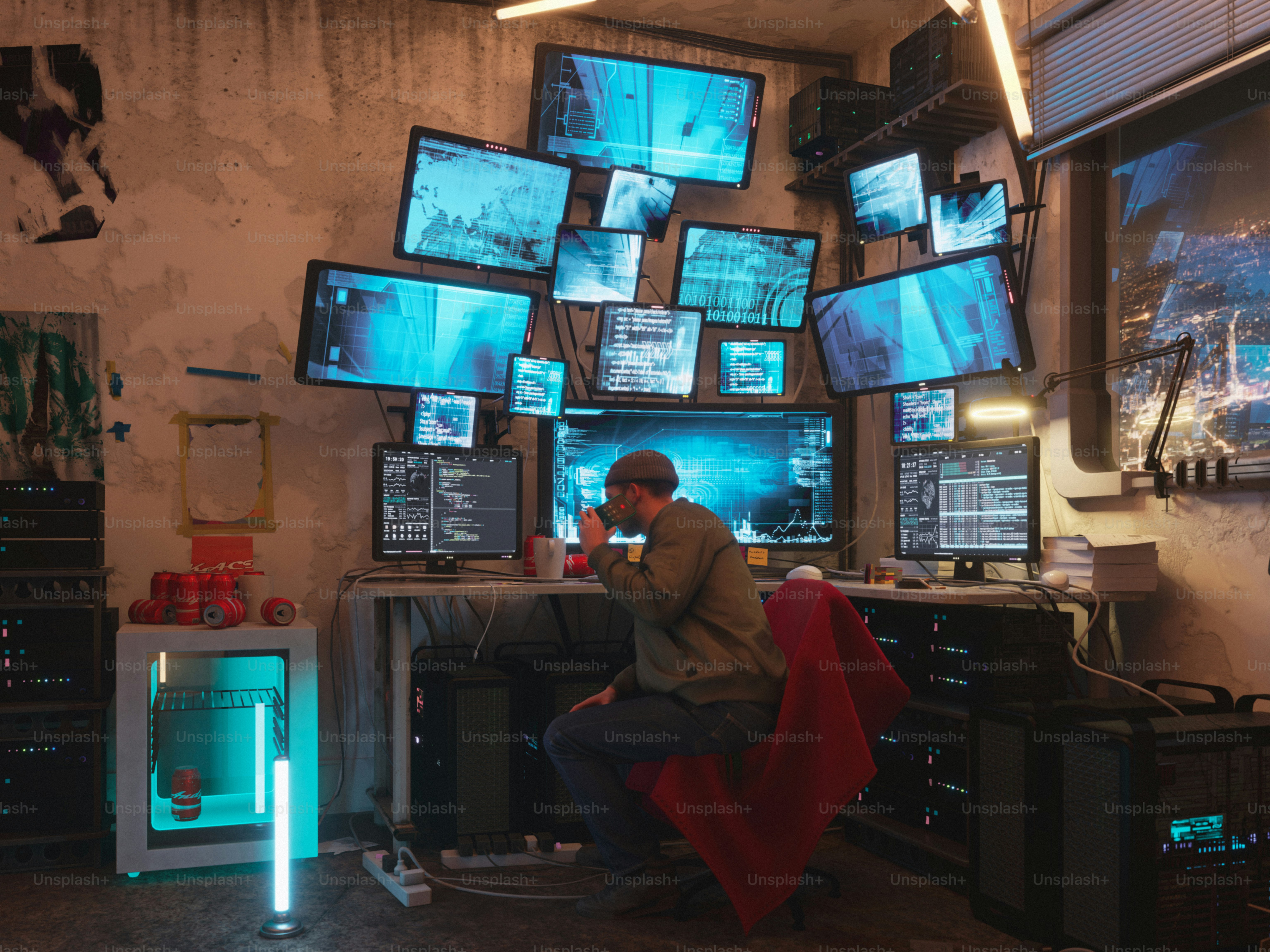 Man sitting at a desk with many computer monitors