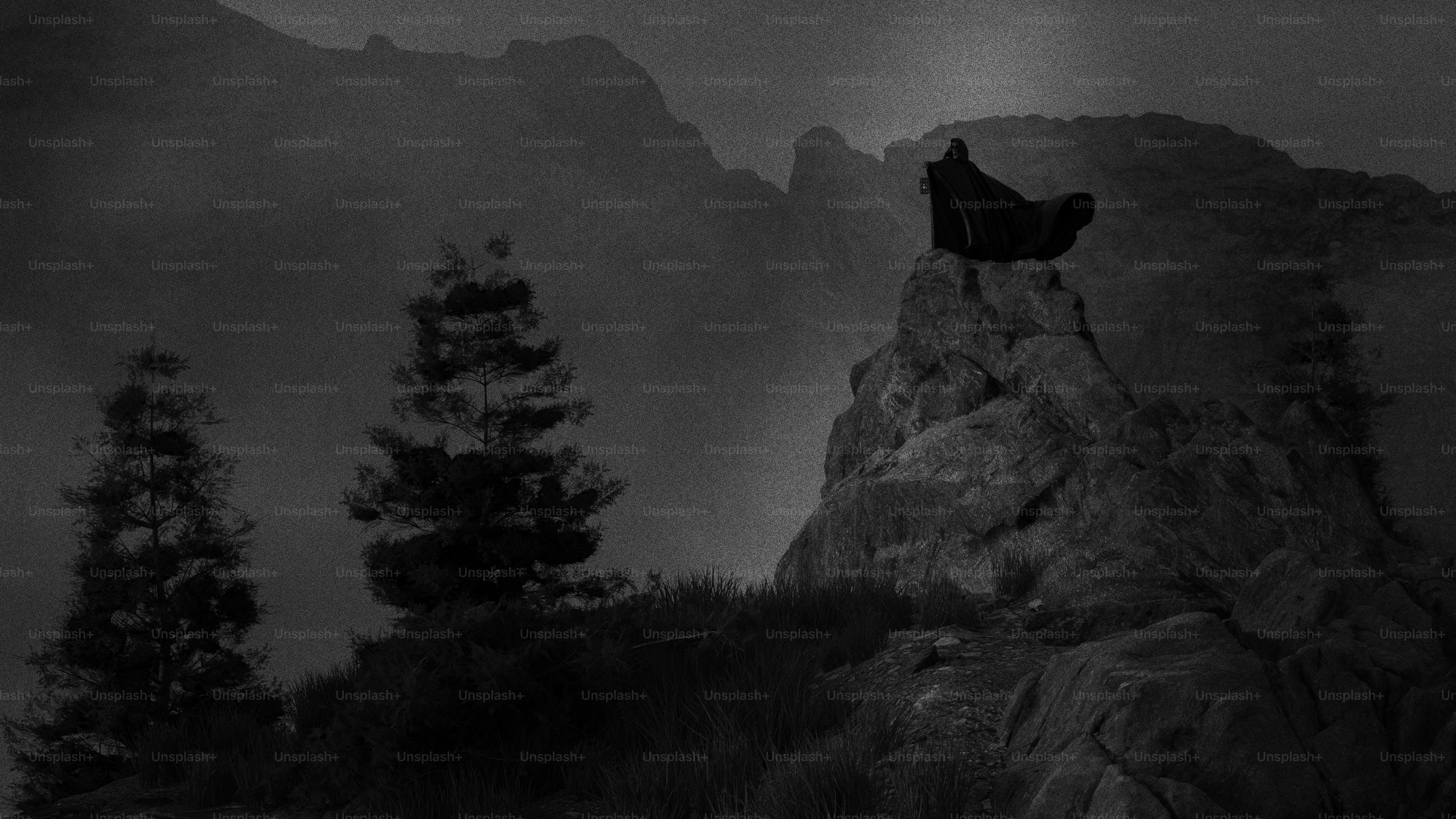 Figure in dark cloak on rocky mountain peak.