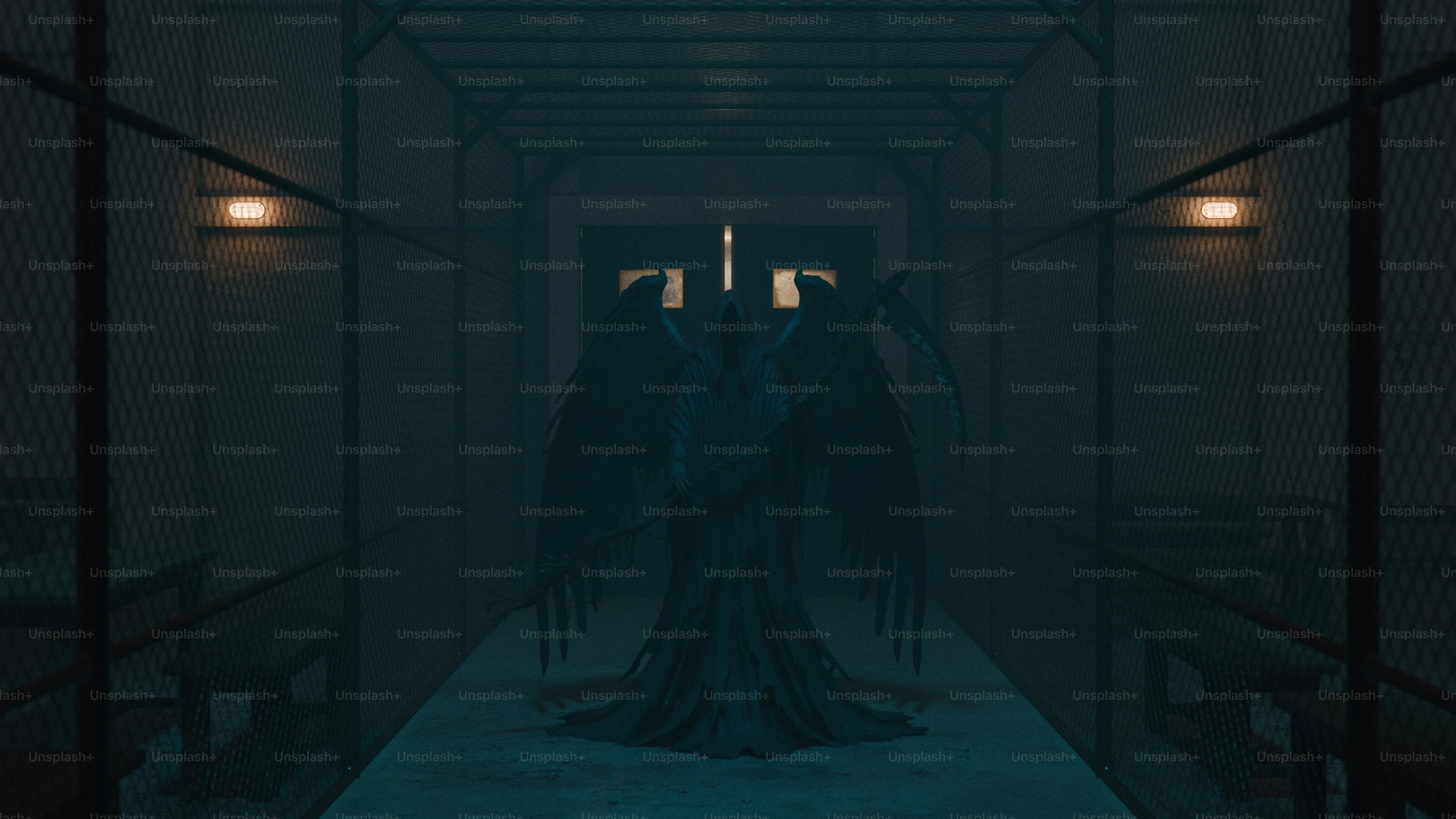 Dark figure with wings in a dimly lit hallway