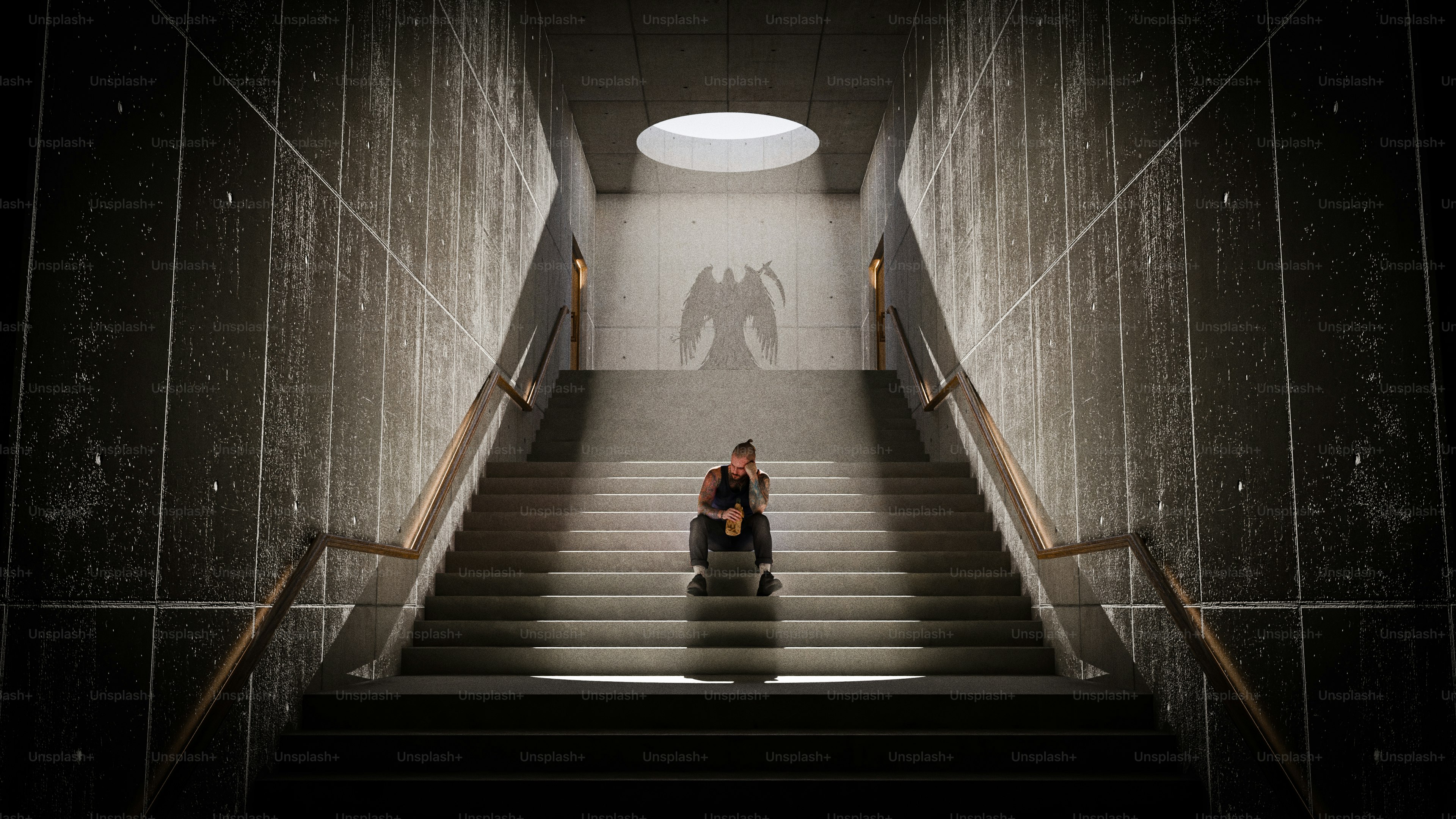 Person sitting on stairs with shadow of angel