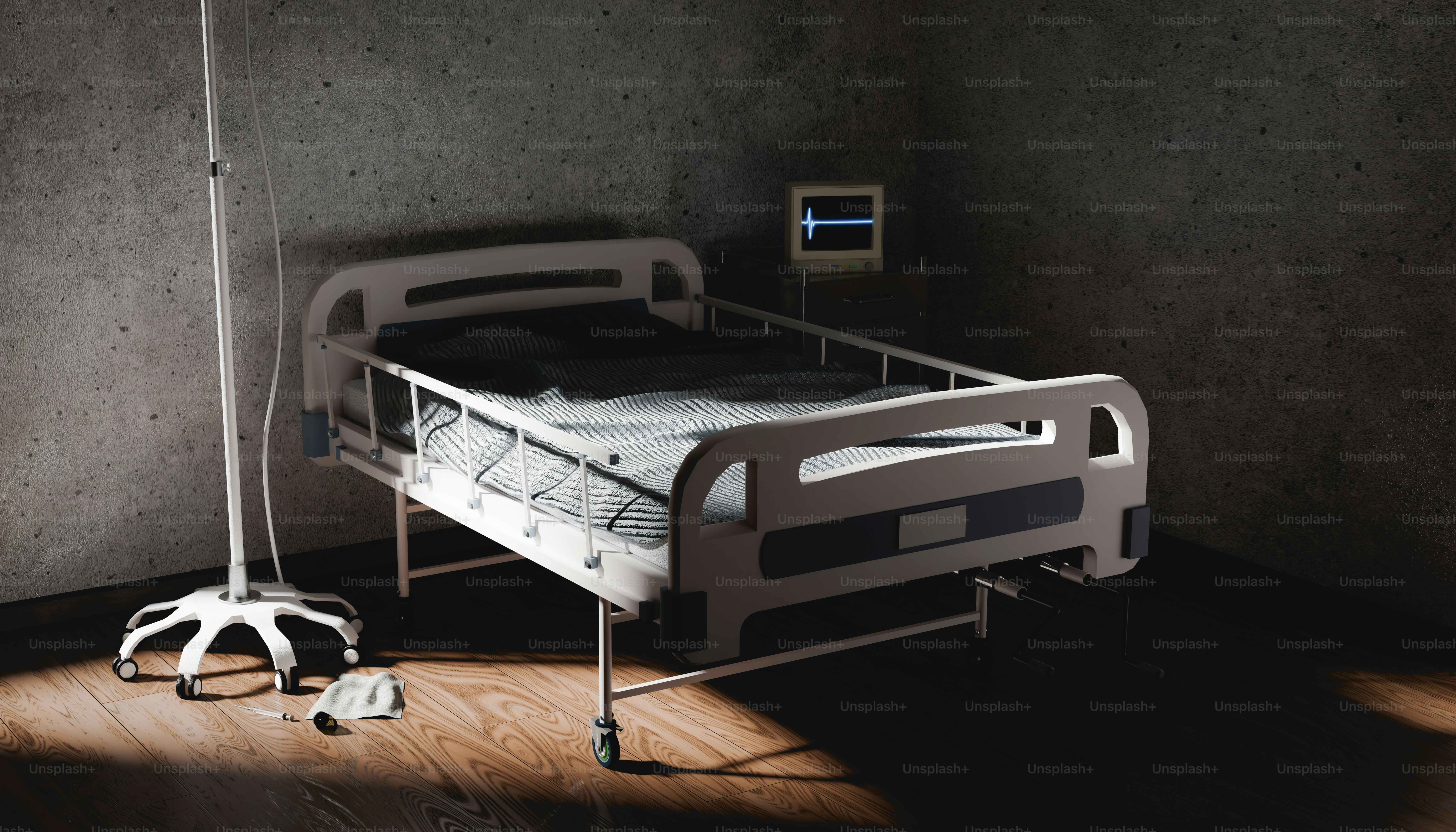 Cama de hospital vazia com equipamentos médicos