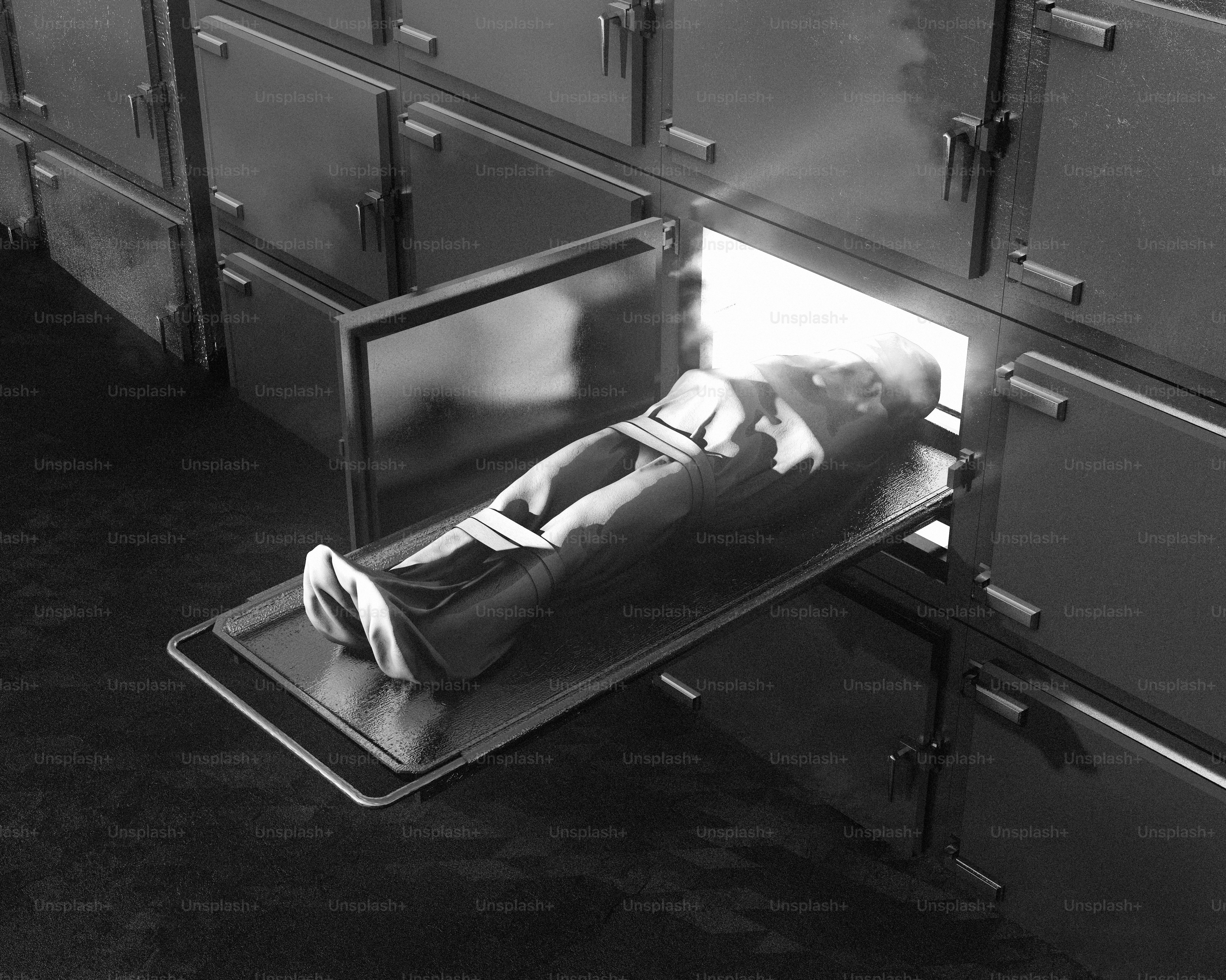 Body on a gurney in a morgue drawer