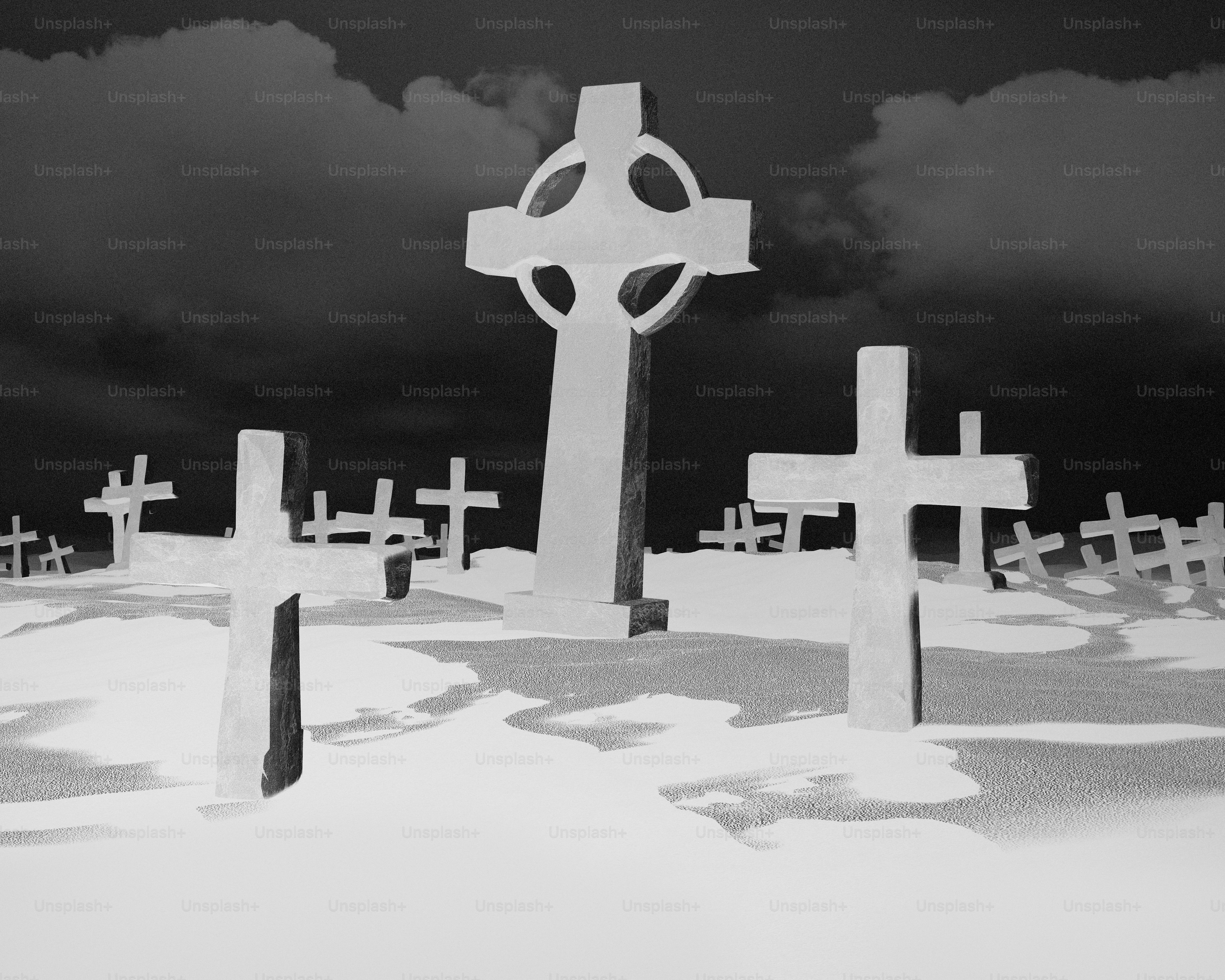 A graveyard with celtic crosses under a stormy sky.