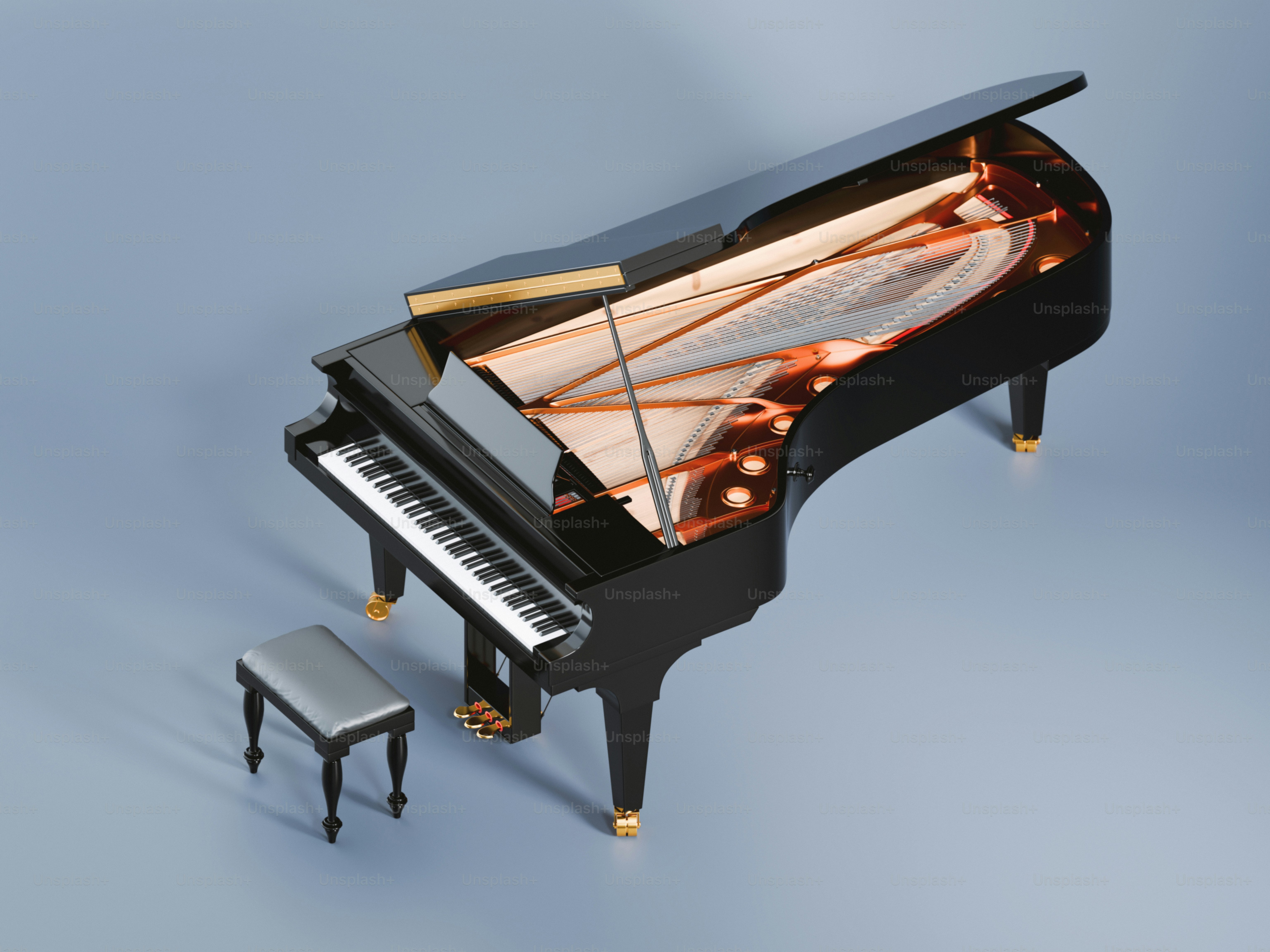 A black grand piano with an open lid and stool.