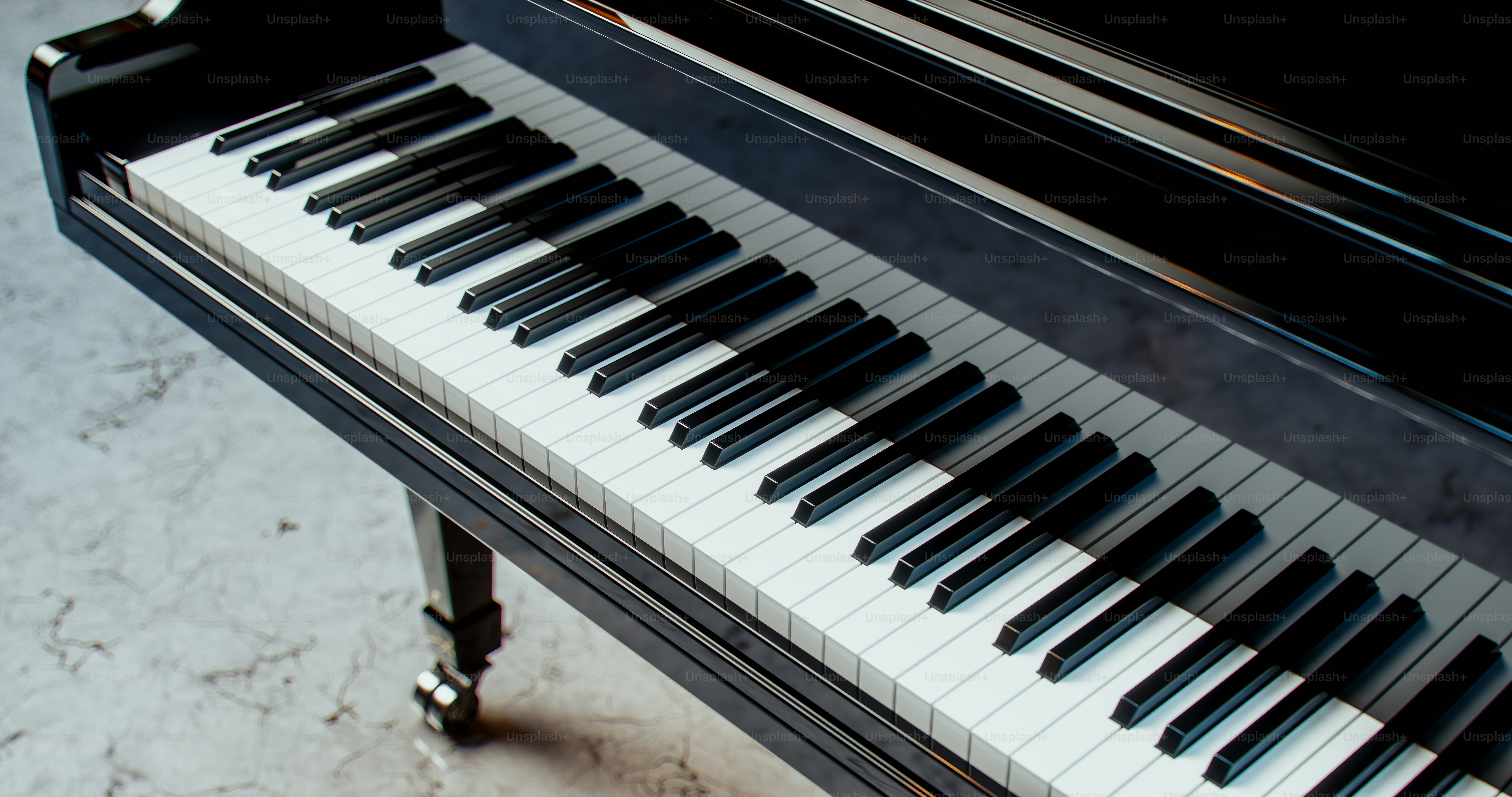 Close-up of a black grand piano keyboard